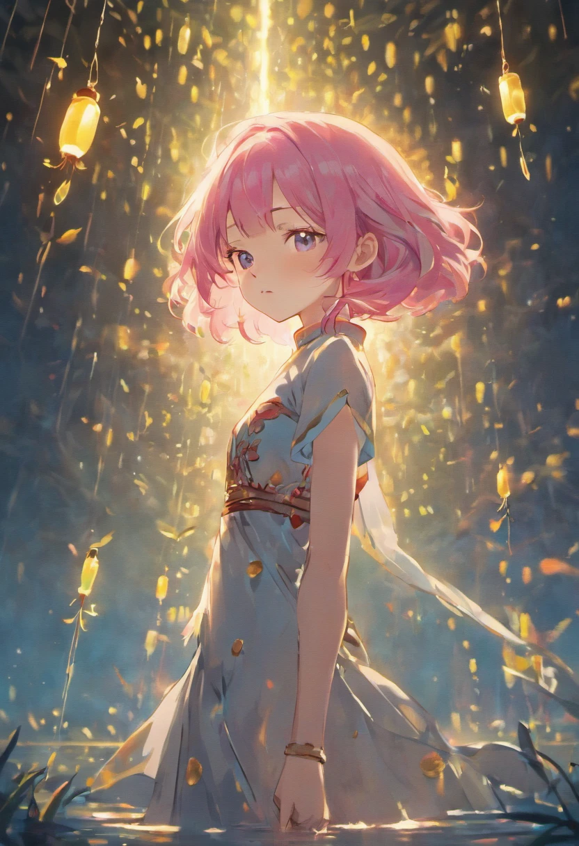 (best quality,8K resolution,masterpiece:1.2), a woman with pink hair wearing a cheongsam dress, standing by a lake with fireflies at night, sharp lines, enhanced details, detailed facial features, frontal view