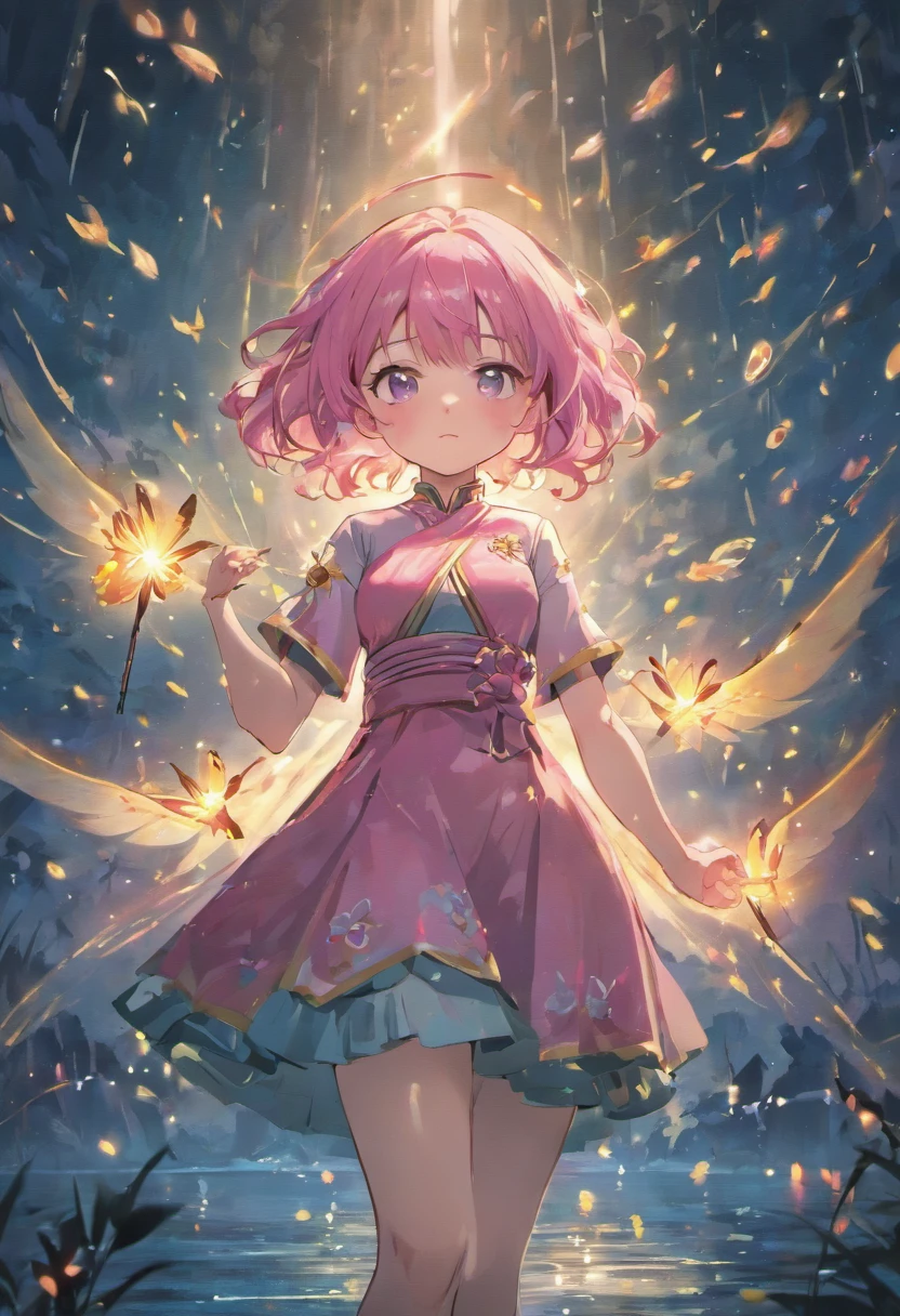 (best quality,8K resolution,masterpiece:1.2), a woman with pink hair wearing a cheongsam dress, standing by a lake with fireflies at night, sharp lines, enhanced details, detailed facial features, frontal view