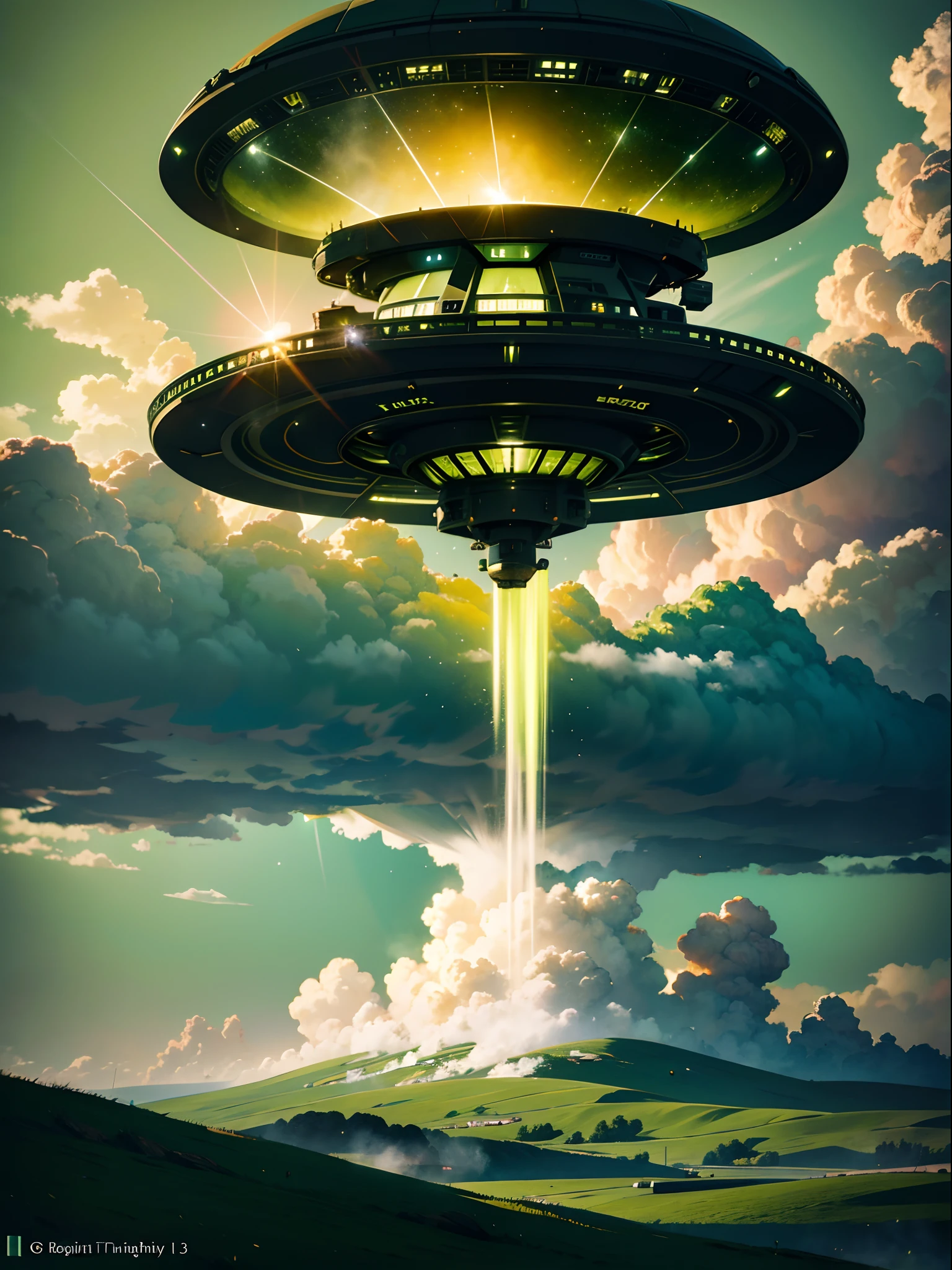 UFO in the green sky,16th-century 8k art,fujifilm XT3,ultra-detailed,masterpiece:1.2,realistic:1.37,UHD,severe low lighting,thick clouds