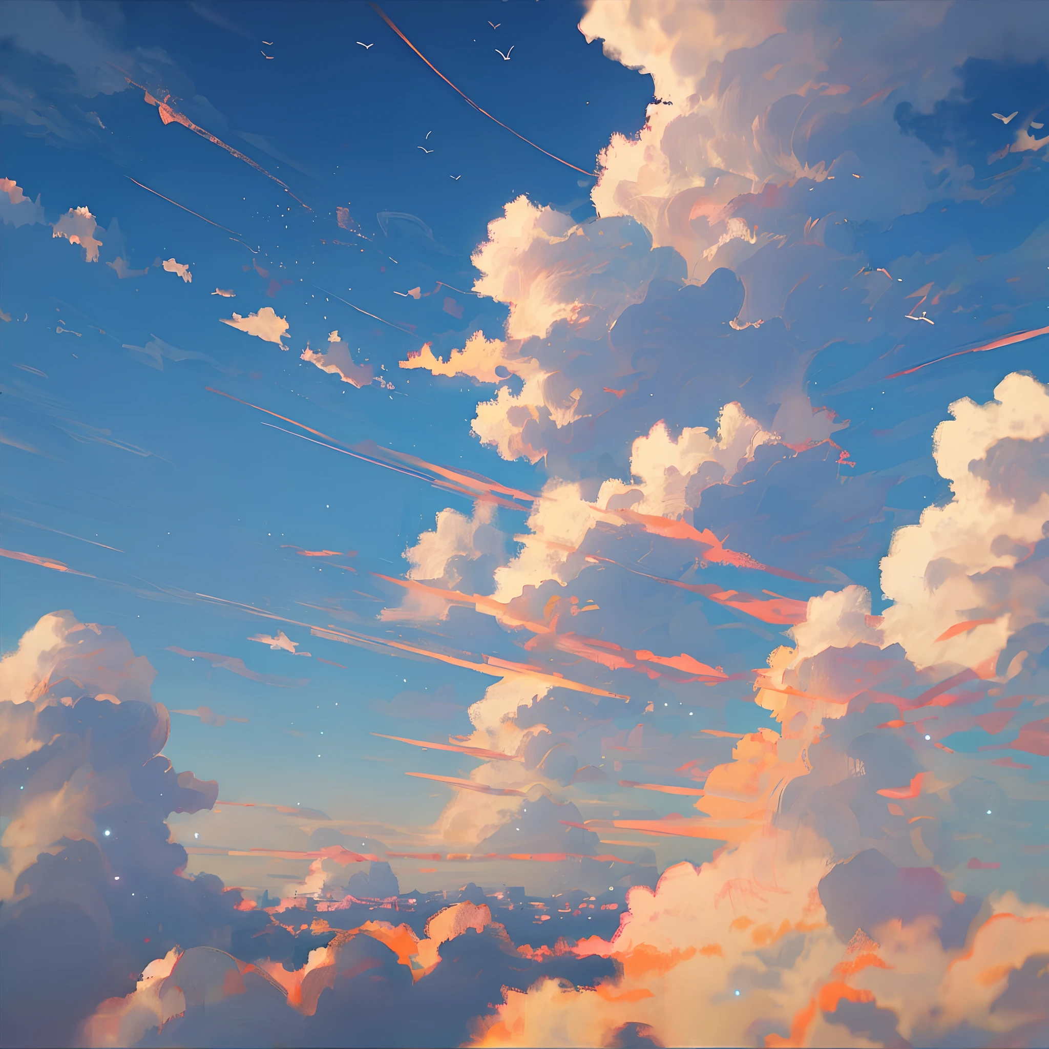 In the style of landscape、Guibli、Sky and clouds、Brush touch、sky line、light and shadows