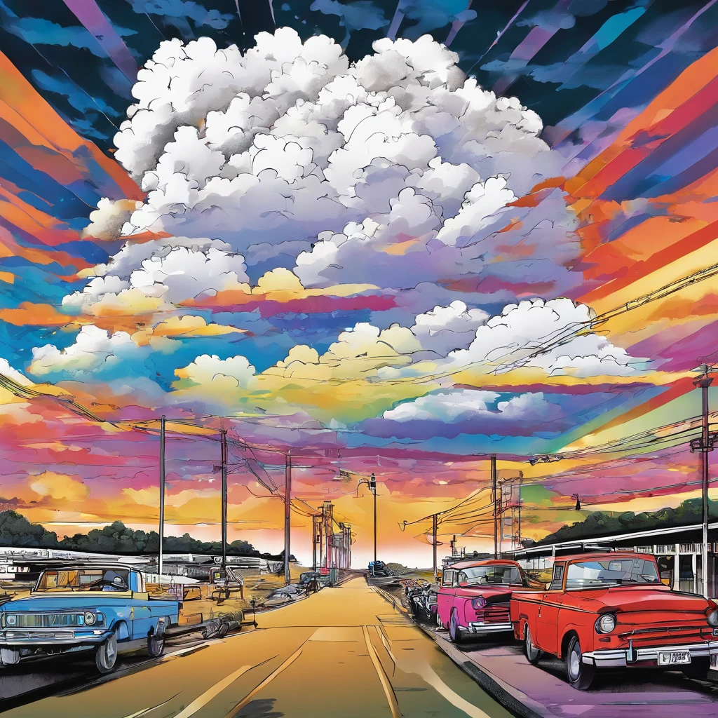 Down Rt. 66 Before the Great Storm, Nostalgic, Annual lighting display, cumulonimbus clouds, voluminetric lighting, Big sky