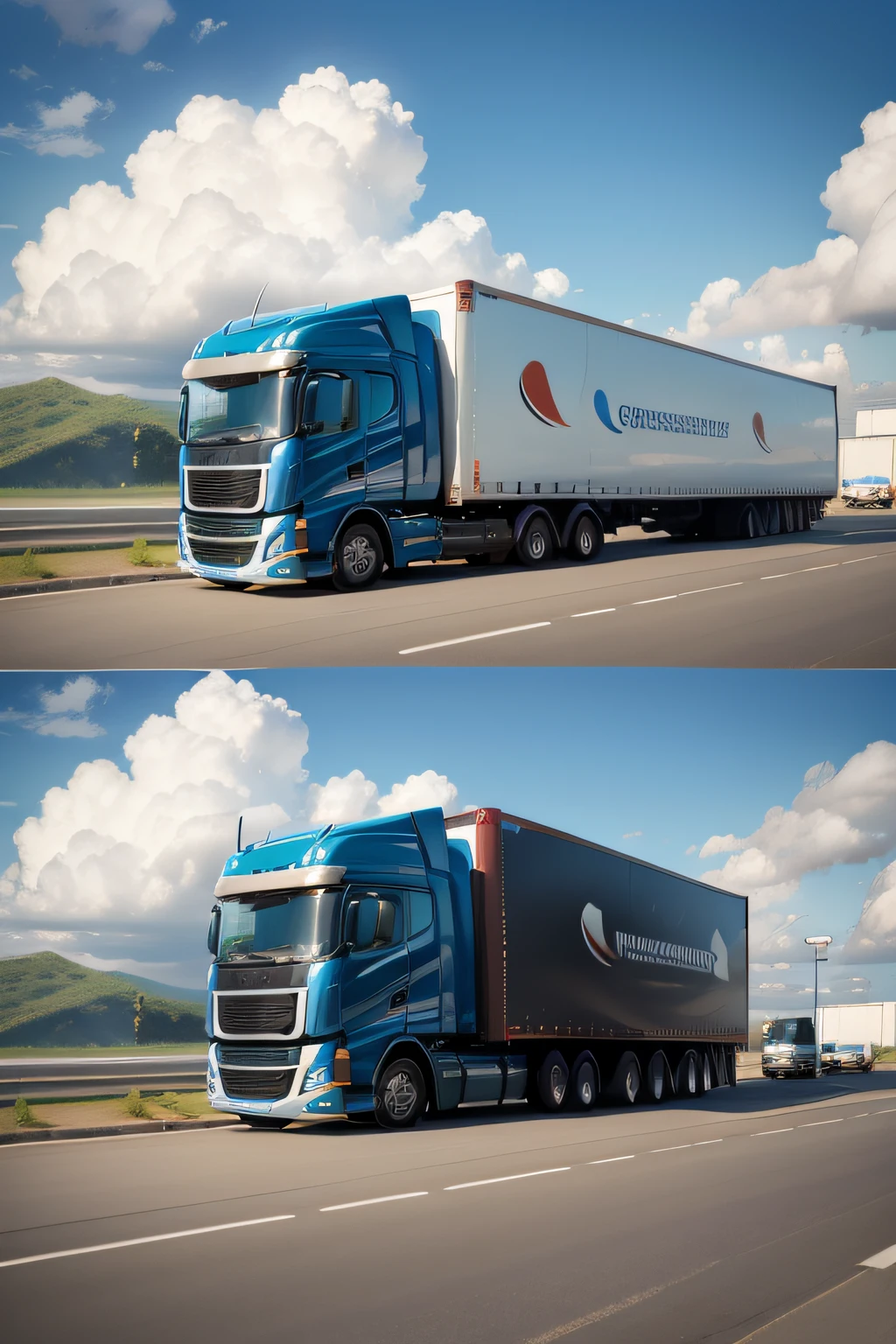 (3200x2600)Masterpiece,super high image quality,Very detailed details,The background is blue sky and white clouds,gasstation,Semi-realistic,Trucks driving on the road
