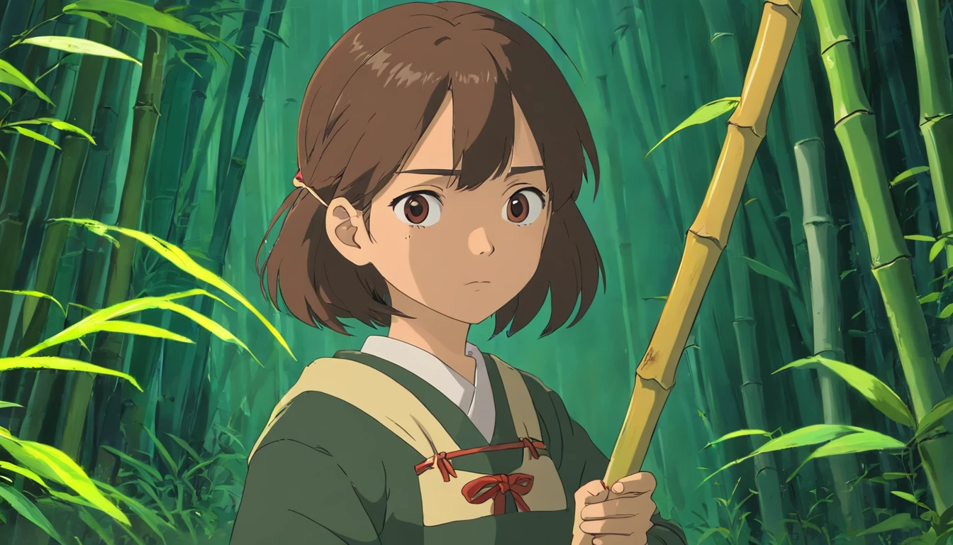 strong abandoned girl protagonist,holding a bamboo rod, dirt on face, dark and evil clothing
