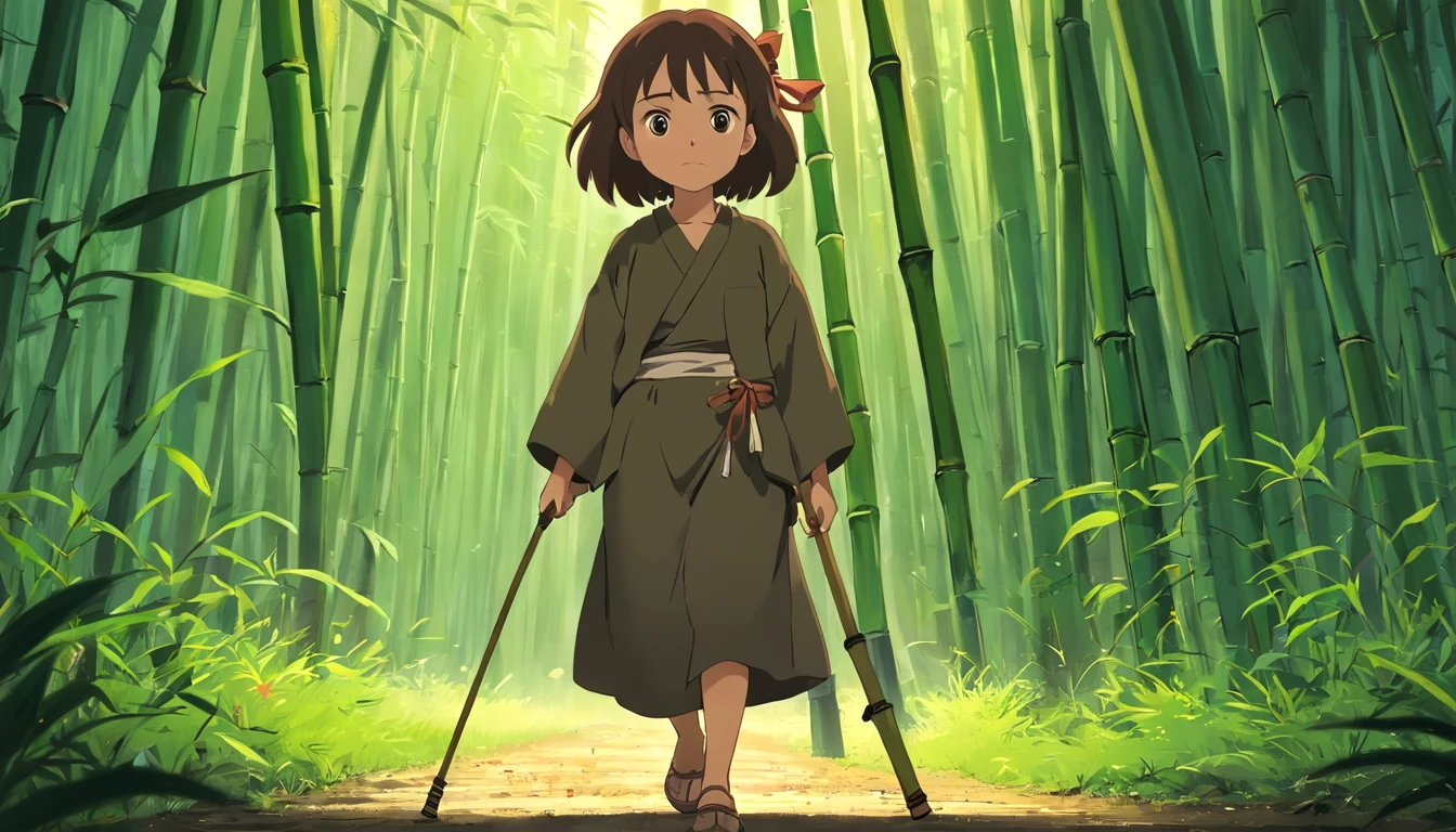 strong abandoned girl protagonist,holding a bamboo rod, dirt on face, dark and evil clothing