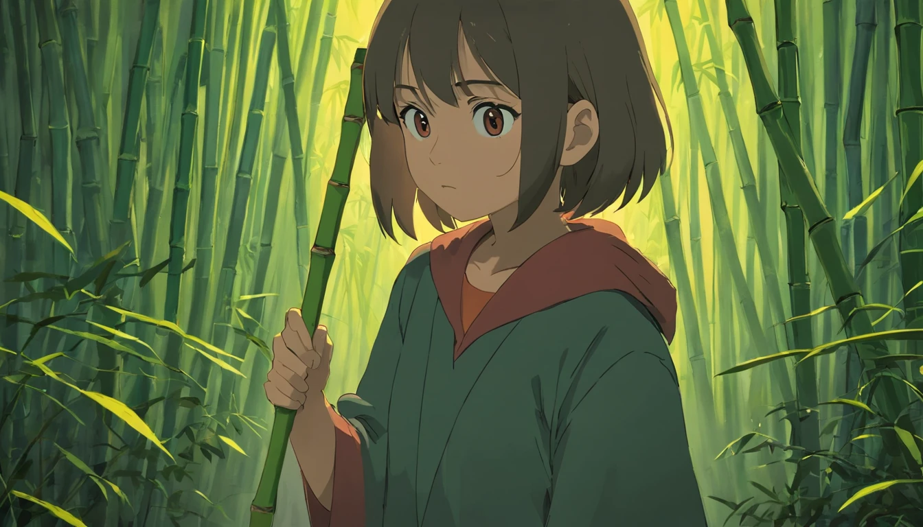 strong abandoned girl protagonist,holding a bamboo rod, dirt on face, dark and evil clothing