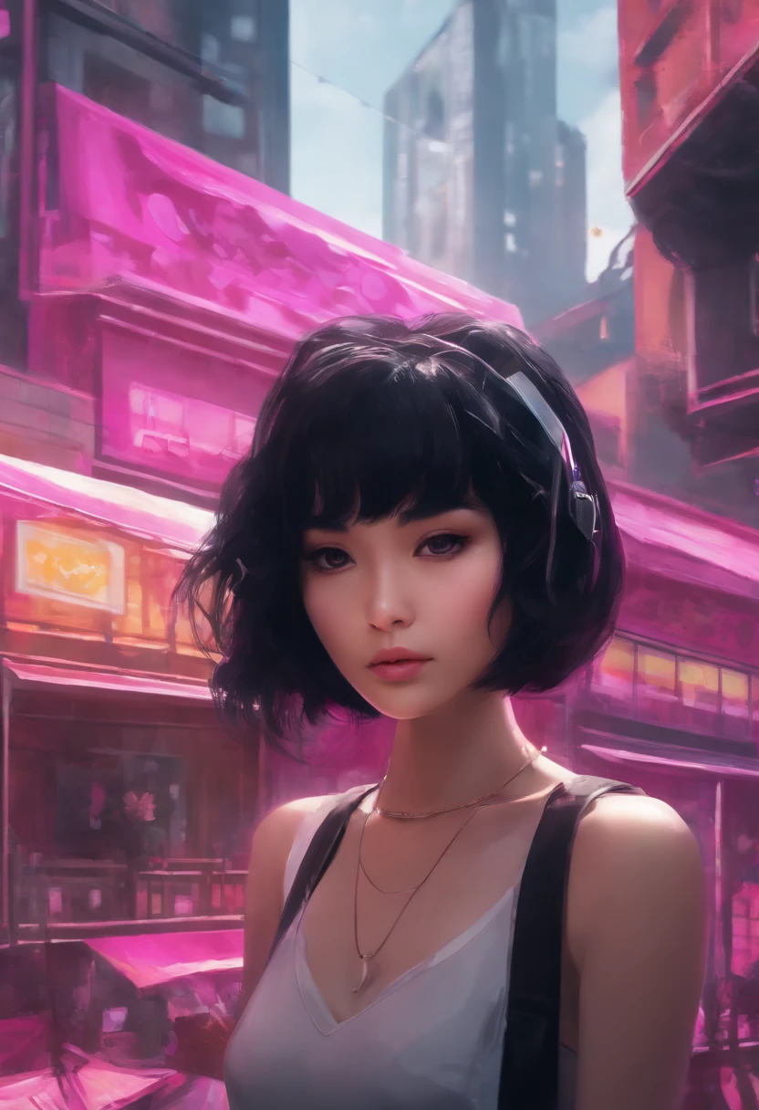 anime girl with black hair holding something, in the style of collage-like constructions, psychedelicpunk, nintencore, silver and magenta, ferrania p30, art that plays with scale, cargopunk