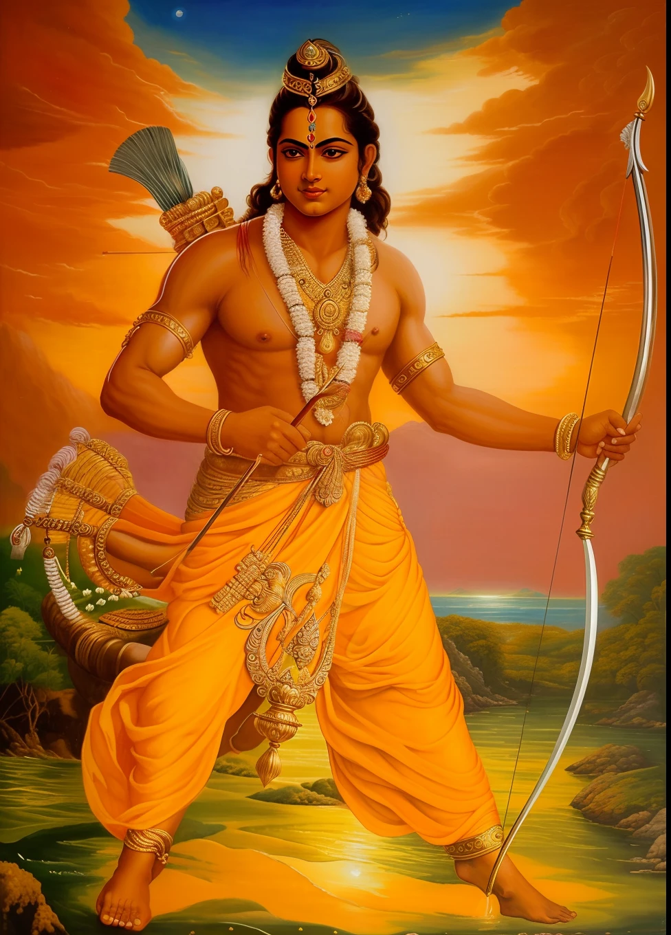 a painting of lord rama with bow and bow in hand, from ramayan, vishnu, inspired by Ram Chandra Shukla, attractive male deity, ashoka tano, holding his trident, indian god, legendary god holding spear, hindu god, the god of the sea, hindu gods, god of moon, hinduism, artemis, mythological painting, hindu art