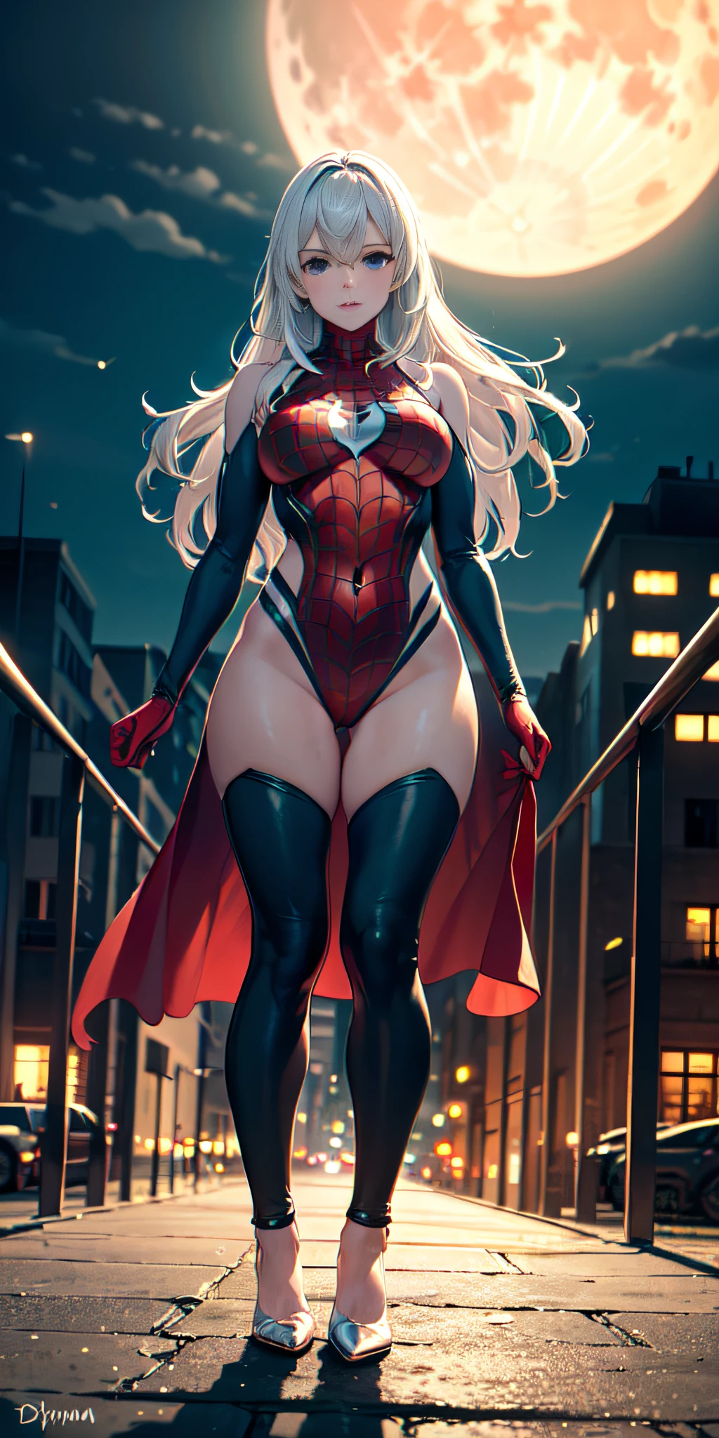 (Masterpiece, 4k resolution, ultra realistic, very detailed), (black + fluorescent green superhero theme, charismatic, there is a girl at the top of the city, dressed in the Spider-Man costume, she is a superheroine), [ ((25 years), (long white hair: 1.2), slim build, full perfect body, (blue eyes: 1.2), ((very daring pose), (cityscape, at night, dynamic lights), (full moon)))]