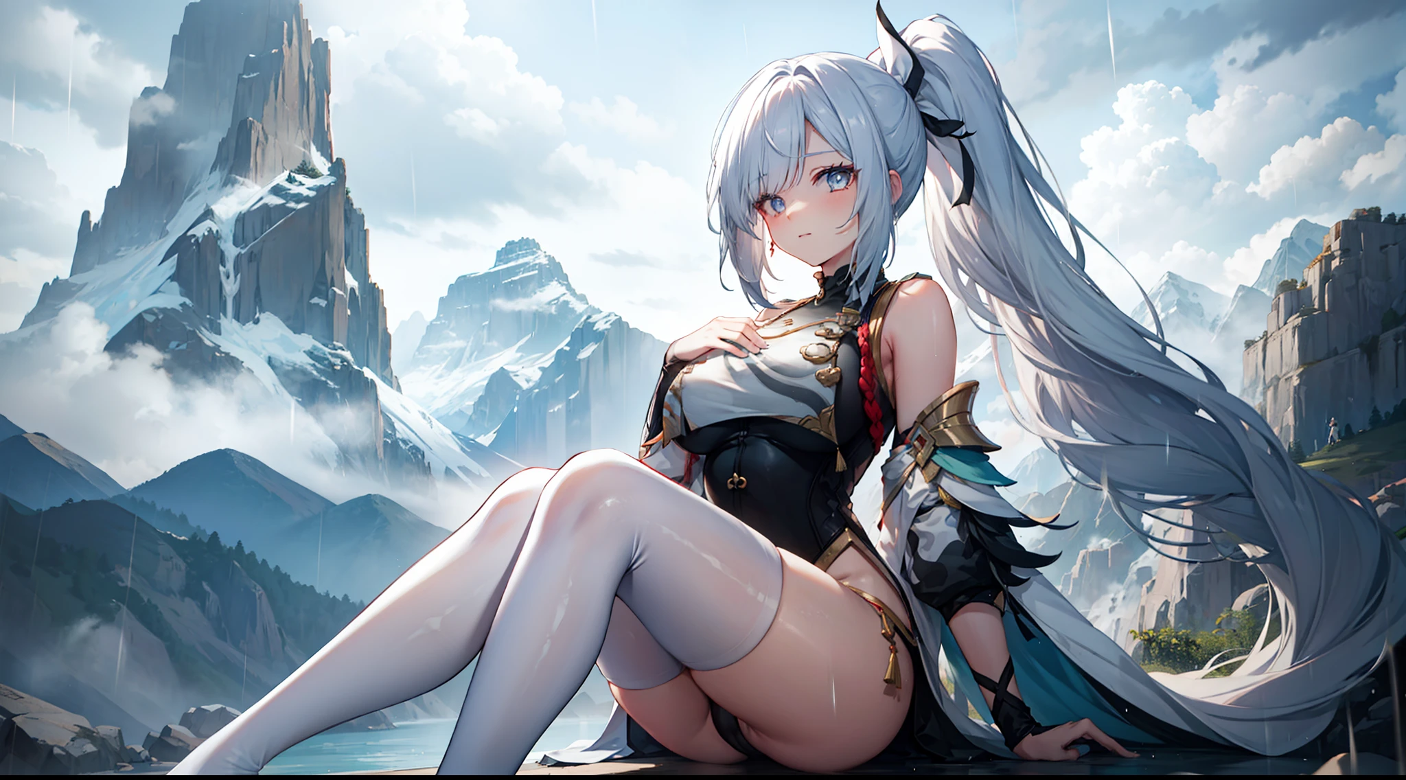 heavy rain，grabbing breast,Nice high ponytail hairstyle，long whitr hair，magpie，tall mountain peaks，Auspicious clouds，Bare shoulders, white thighhighs, Hair ribbon, Large breasts,black long socks