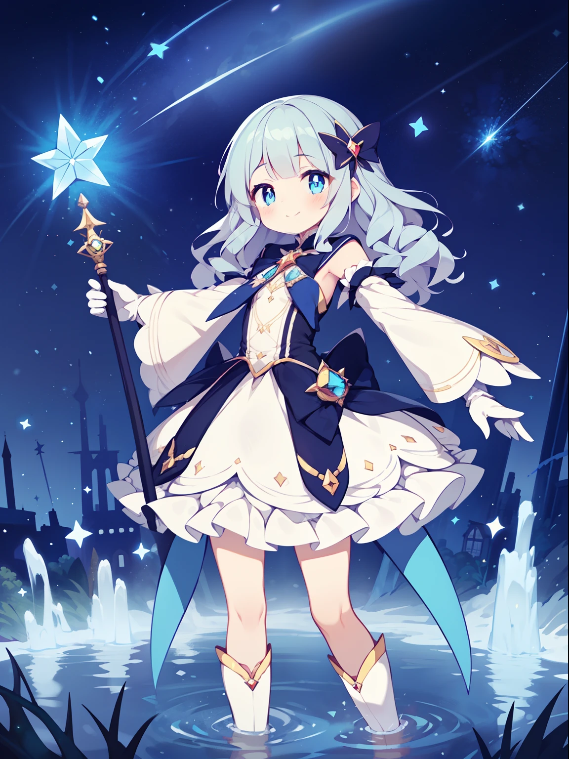 (1girl in:1.2), (Solo:1.2), masutepiece, nffsw、Shaders、Brilliant Textured Work、Ultra-detailed eyes、ultra-intricate pupil in eyes、top-quality、blue hairs、Sapphire hair、Lustrous hair、brown-eyed、Shining eyes、Long wavy hair、Magical Girl Dresses、Hierarchical ruffled skirt、Magical Girl Boots、Pure white gloves、Wide sleeves、Shooting Star Elements、water magic、Fantasy world、a serene smile、elementary student、小柄、Gamine、Lori、Magical girl wand with blue orb、Standing Picture、Super Deformed、