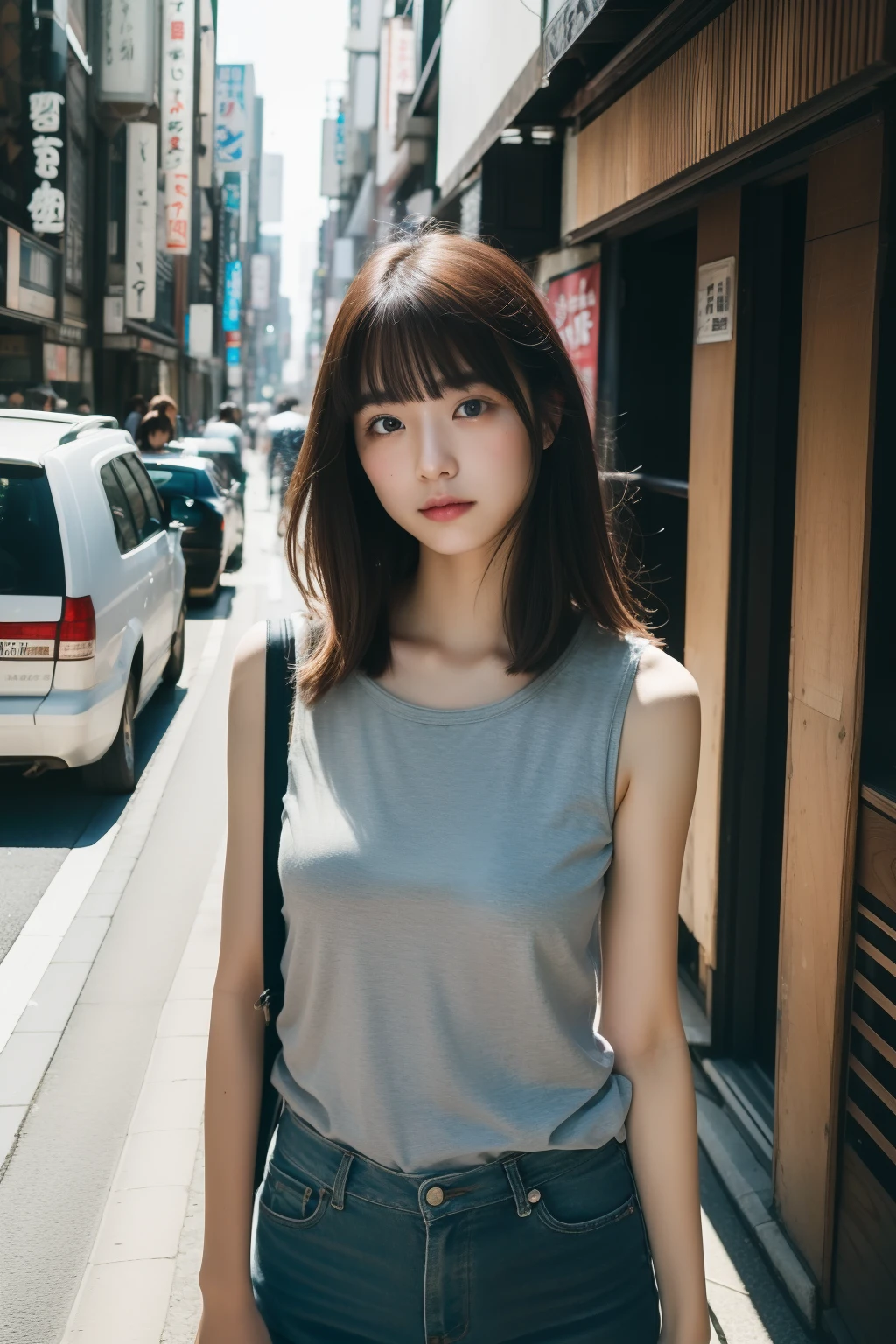 (top-quality、8K、32K、masterpiece)Streets of Tokyo、street snap、infp young woman、shorth hair、summer clothing、A dark-haired