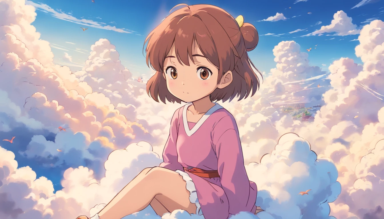 comic strip,Cute and cute 5 year old baby girl sitting on beautiful fluffy clouds in the sky,anime big breast,On thick clouds such as marshmallows,Pink pajamas,Detail enhancement,8K,super-fine,concept-art,number art