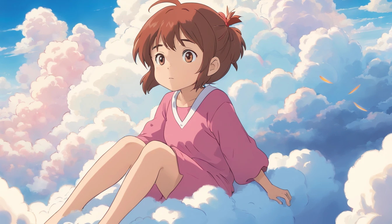comic strip,Cute and cute 5 girl sitting on beautiful fluffy clouds in the sky,anime big breast,On thick clouds such as marshmallows,Pink pajamas,Detail enhancement,8K,super-fine,concept-art,number art