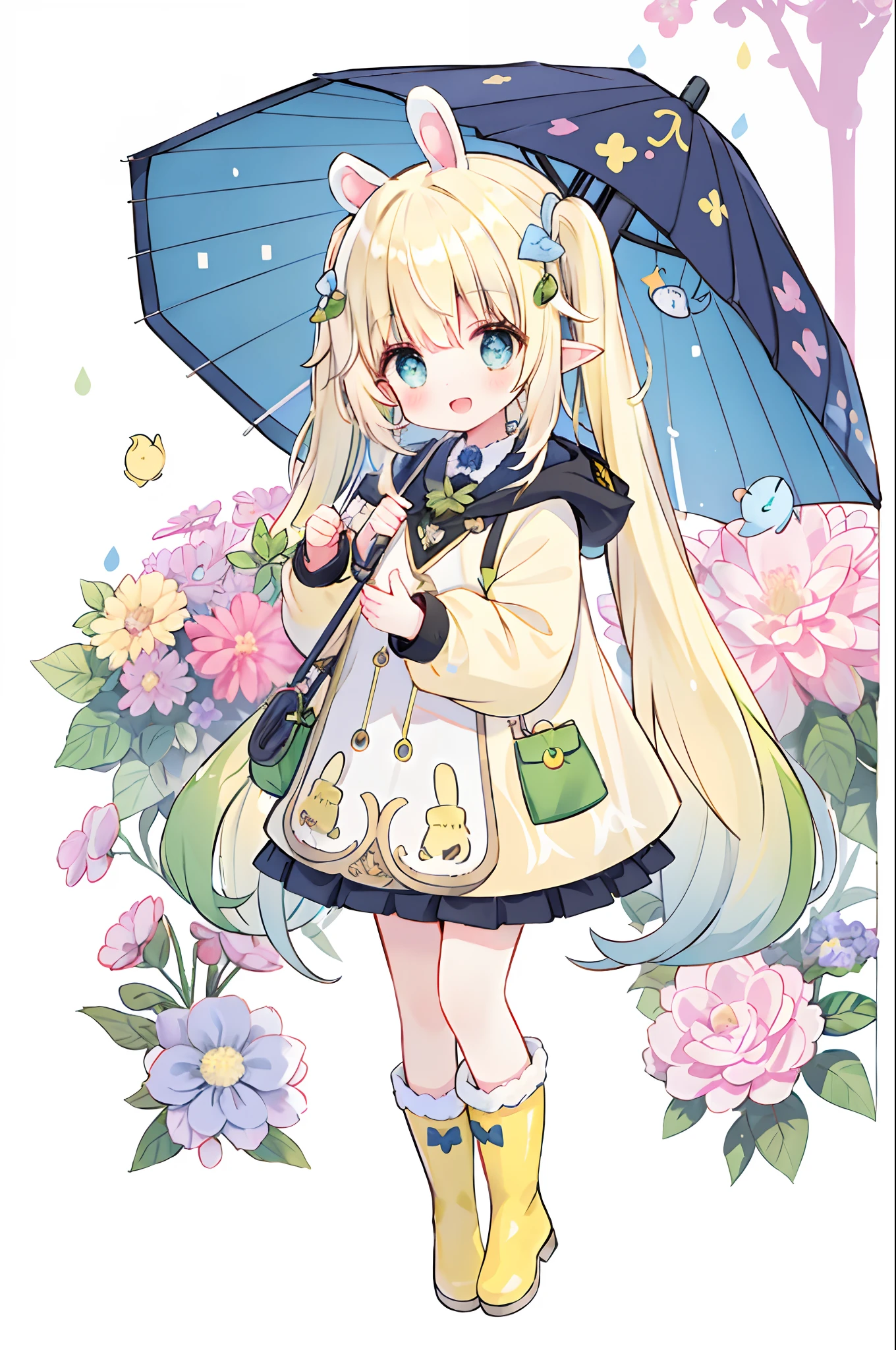 1girl,rainbow,raincoat,yellow raincoat,rubber boots,hydrangea,flower,long hair,twintails,boots,blush,umbrella,open mouth,hair ornament,white background,hood,solo,teruterubouzu,very long hair,hood up,long sleeves,low twintails,bow,bangs,smile,animal hood,blue eyes,rabbit,closed umbrella,puddle,full body,:d,snail,yellow footwear,simple background,pink flower,standing,leaf umbrella,holding umbrella,food-themed hair ornament,hair bow,animal ears,holding,blonde hair,hair flower,rain,animal,