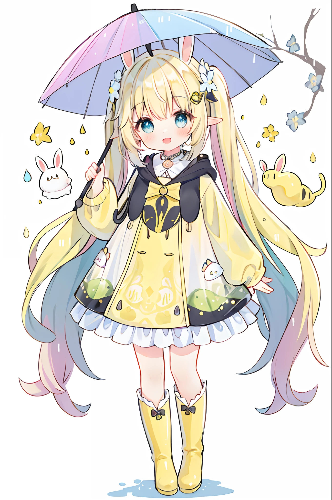 1girl,rainbow,raincoat,yellow raincoat,rubber boots,hydrangea,flower,long hair,twintails,boots,blush,umbrella,open mouth,hair ornament,white background,hood,solo,teruterubouzu,very long hair,hood up,long sleeves,low twintails,bow,bangs,smile,animal hood,blue eyes,rabbit,closed umbrella,puddle,full body,:d,snail,yellow footwear,simple background,pink flower,standing,leaf umbrella,holding umbrella,food-themed hair ornament,hair bow,animal ears,holding,blonde hair,hair flower,rain,animal,