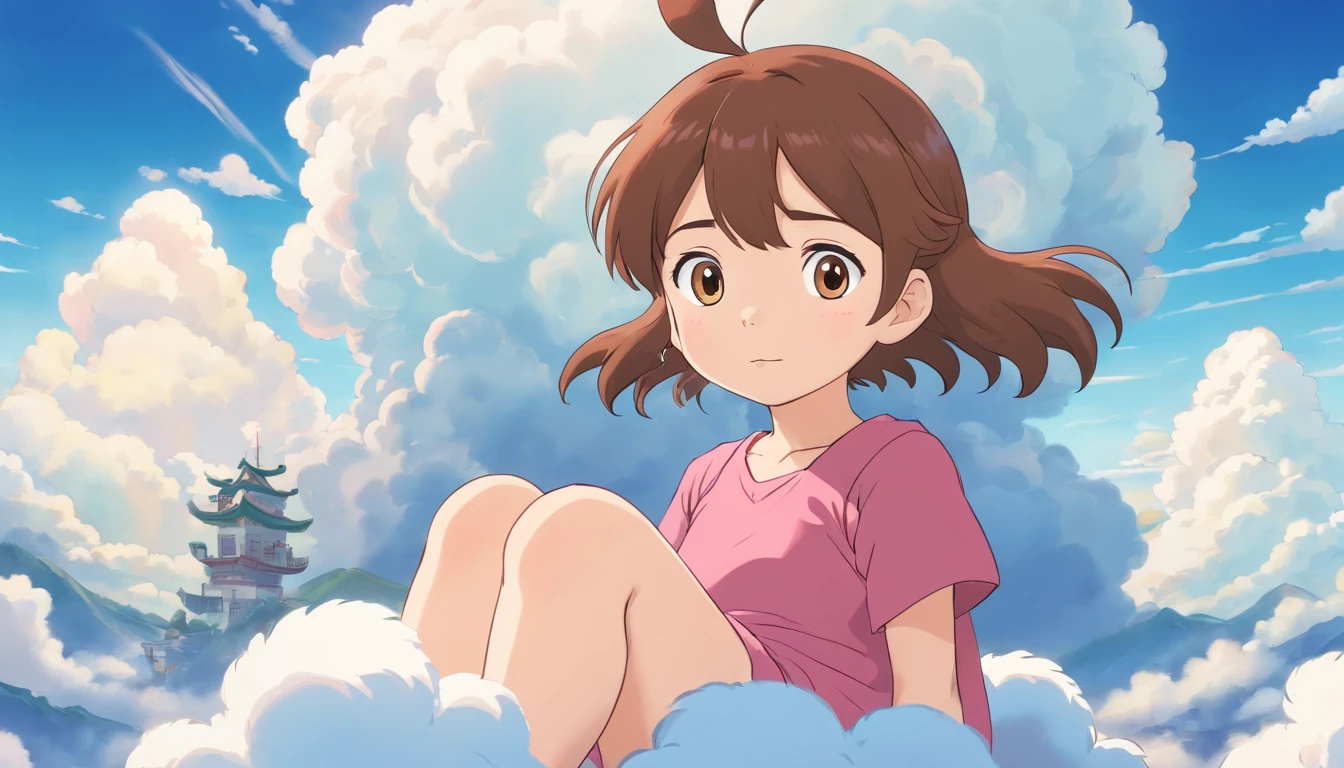 comic strip,Cute and cute 5 year old baby girl sitting on beautiful fluffy clouds in the sky,anime big breast,On thick clouds such as marshmallows,Pink pajamas,Detail enhancement,8K,super-fine,concept-art,number art