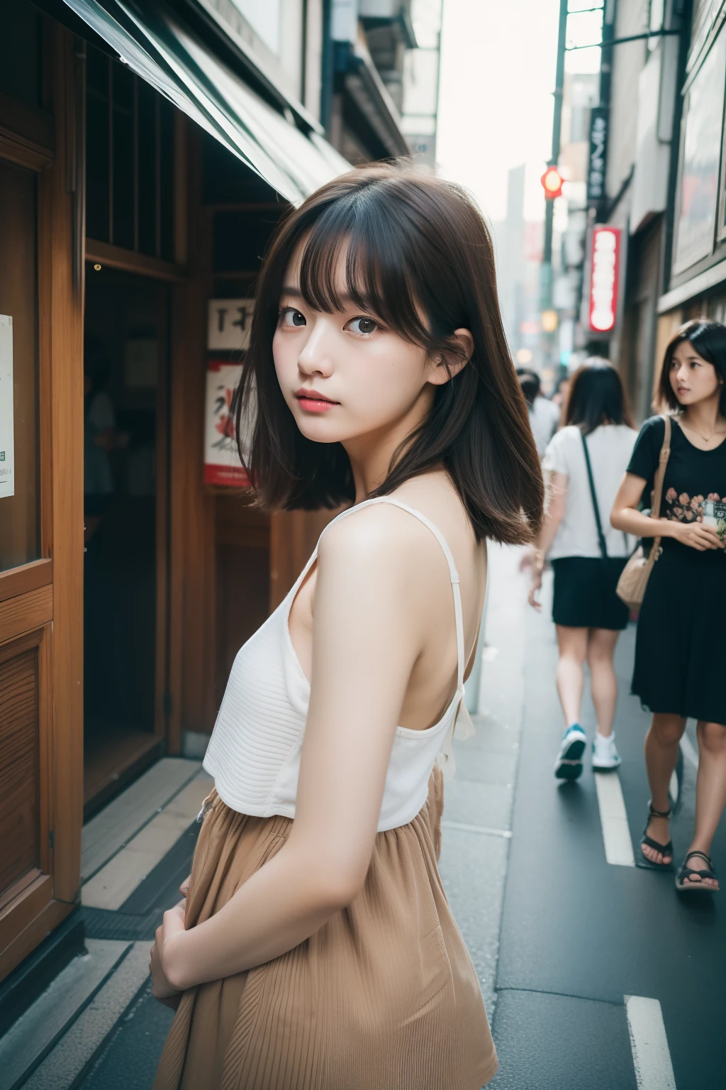 （top-quality、8K、32K、​masterpiece）Streets of Tokyo、street snap、infp young woman、shorth hair、summer clothing、A dark-haired