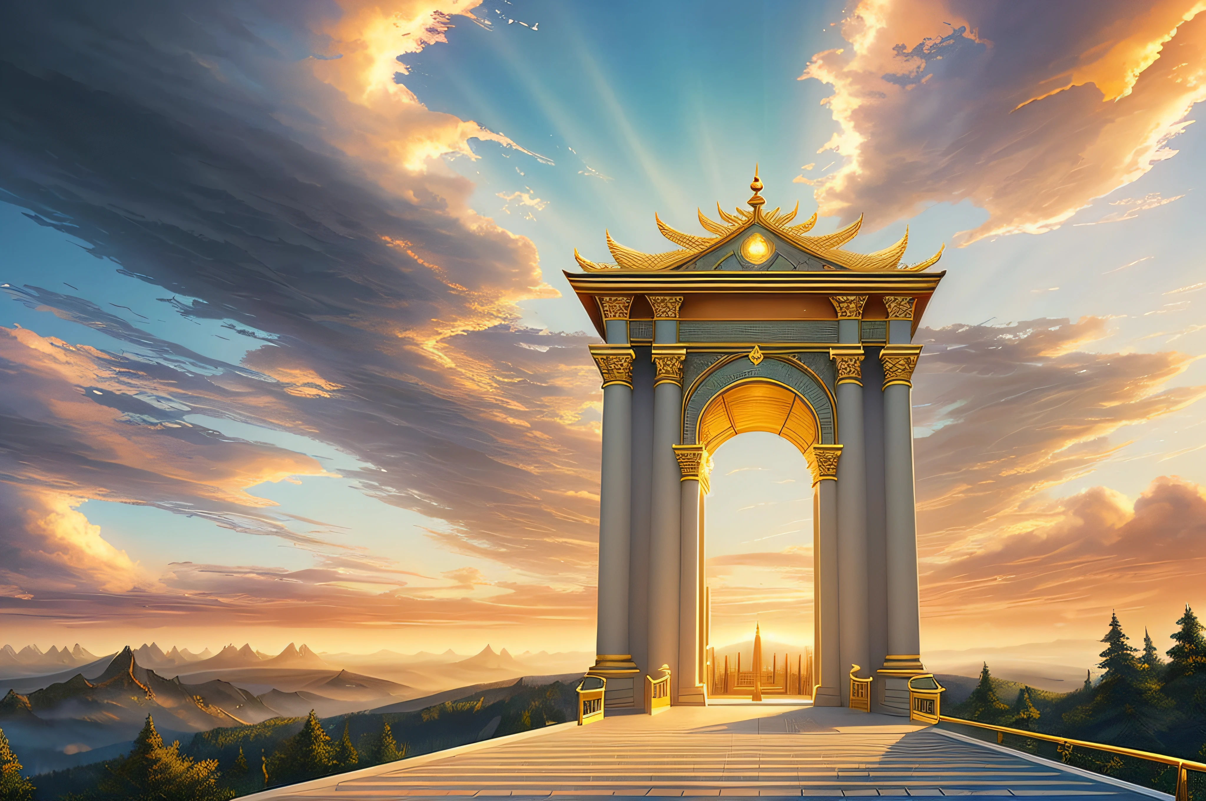 a close up of a walkway in the sky, stunning arcanum backdrop, background art, ornate borders + concept art, light kingdom backdrop, stylized concept art, entrance to ethereal realm, tall golden heavenly gates, heavens gate, magic portal in the sky, background artwork, heaven gate, concept art stunning atmosphere, (clouds:1.4), sunset lighting
