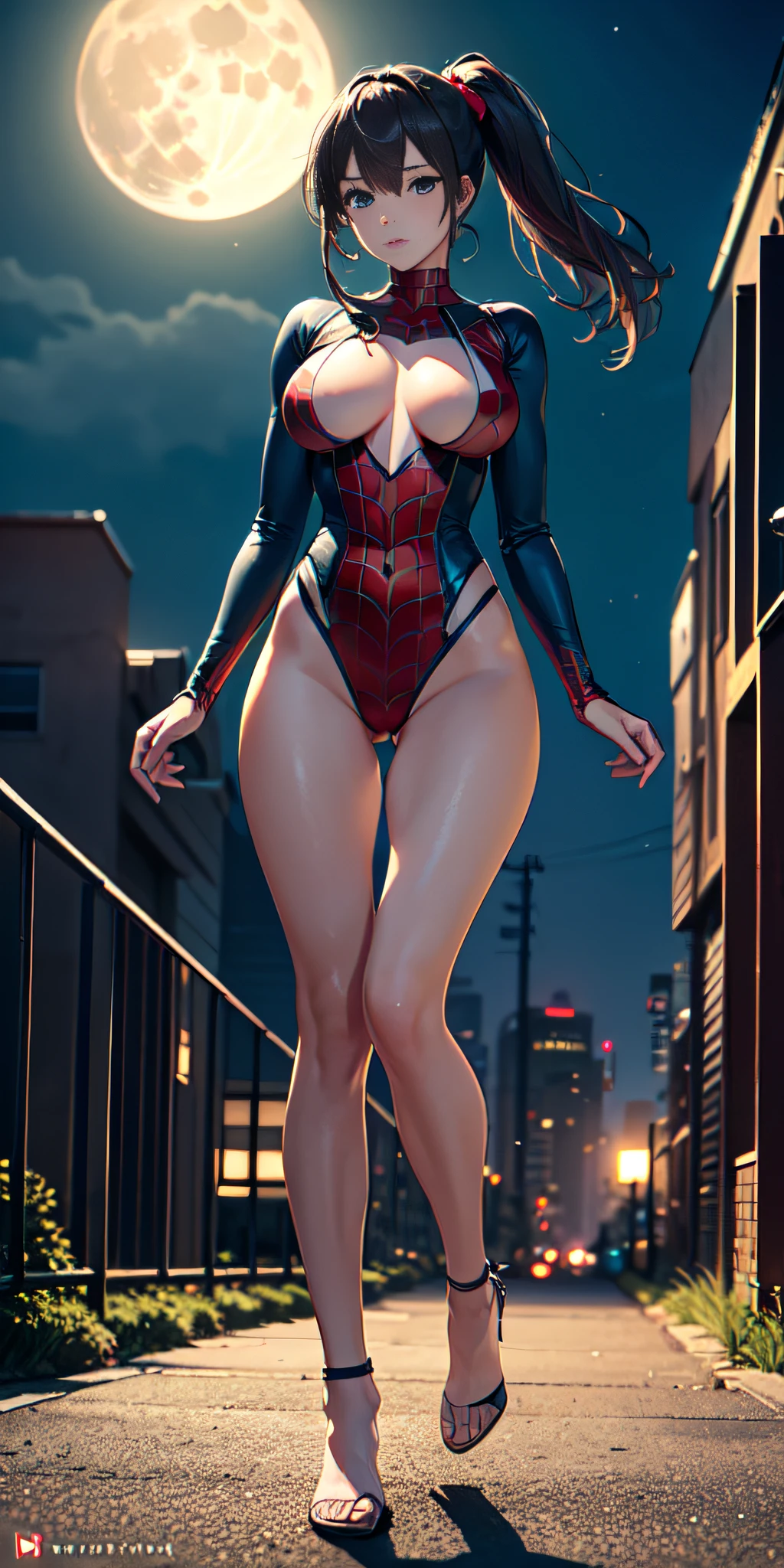 (Masterpiece, 4k resolution, ultra realistic, very detailed), (black + fluorescent green superhero theme, charismatic, there is a girl at the top of the city, dressed in the Spider-Man costume, she is a superheroine), [ ((25 years), (long white hair: 1.2), slim build, full perfect body, (blue eyes: 1.2), ((very daring pose), (cityscape, at night, dynamic lights), (full moon)))]