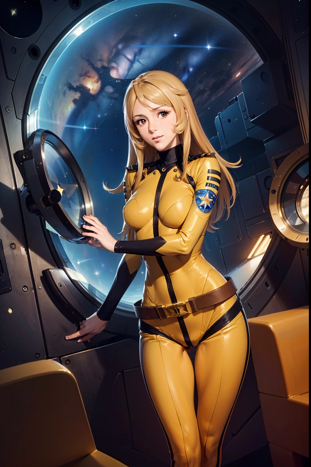 (masterpiece, best quality:1.2), (cowboy shot:1.1), solo, 1girl, mori yuki, slight smile, closed mouth, looking at viewer, blonde hair, thigh gap, yellow bodysuit, skin tight, belt, large window, (starship porthole:1.3), from front, (spread legs:1.3), (standing:1.1), starship interior, (outer space view:1.1), (orbital view:1.3), (night, stary sky:1.5), milky way