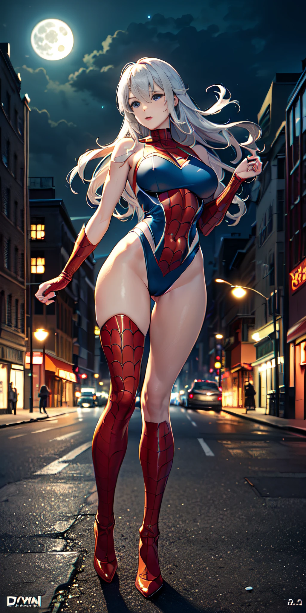 (Masterpiece, 4k resolution, ultra realistic, very detailed), (black + fluorescent green superhero theme, charismatic, there is a girl at the top of the city, dressed in the Spider-Man costume, she is a superheroine), [ ((25 years), (long white hair: 1.2), slim build, full perfect body, (blue eyes: 1.2), ((very daring pose), (cityscape, at night, dynamic lights), (full moon)))]