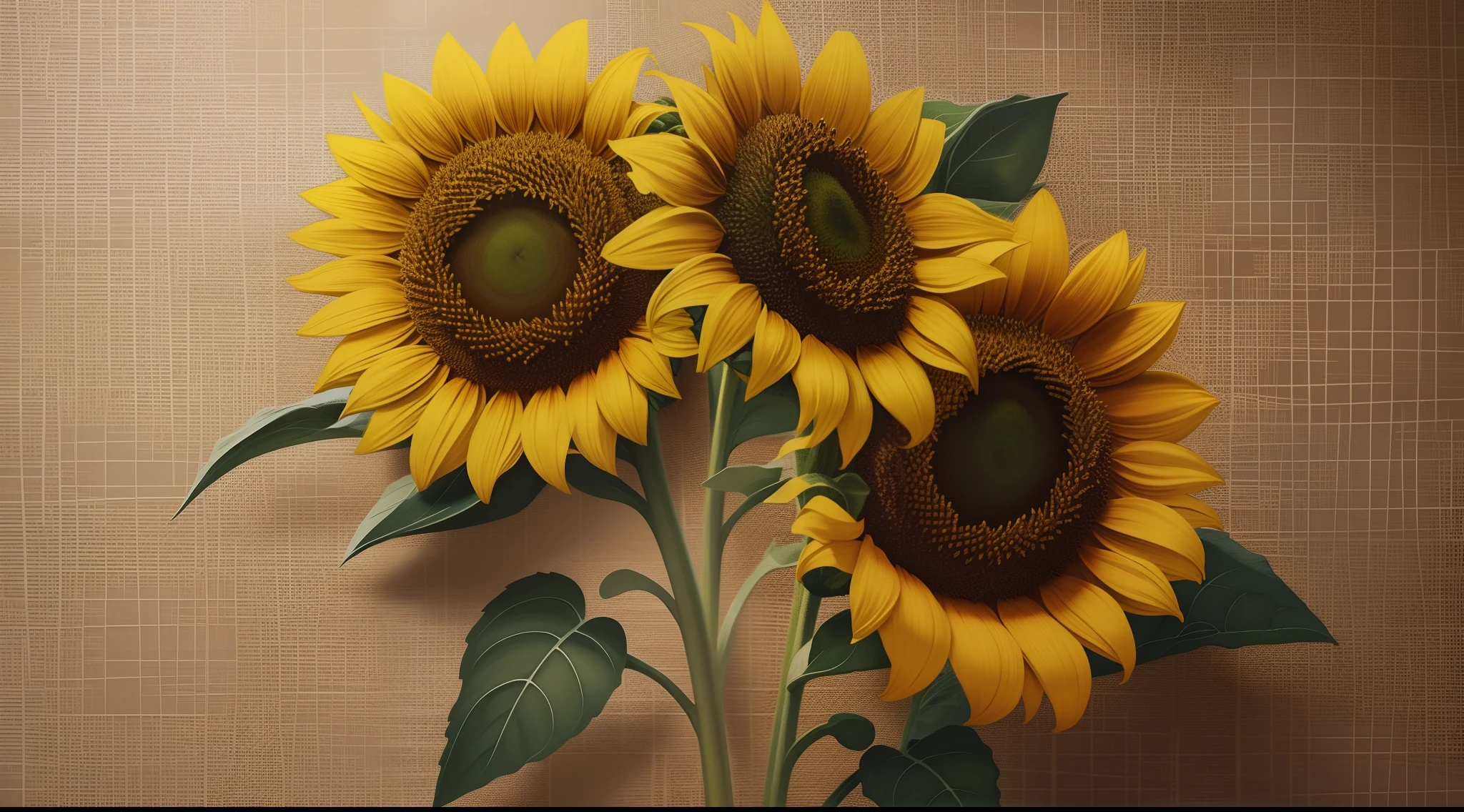Sunflower print design, Linen texture, top-quality, ​masterpiece, Realistic, ultra-detailliert