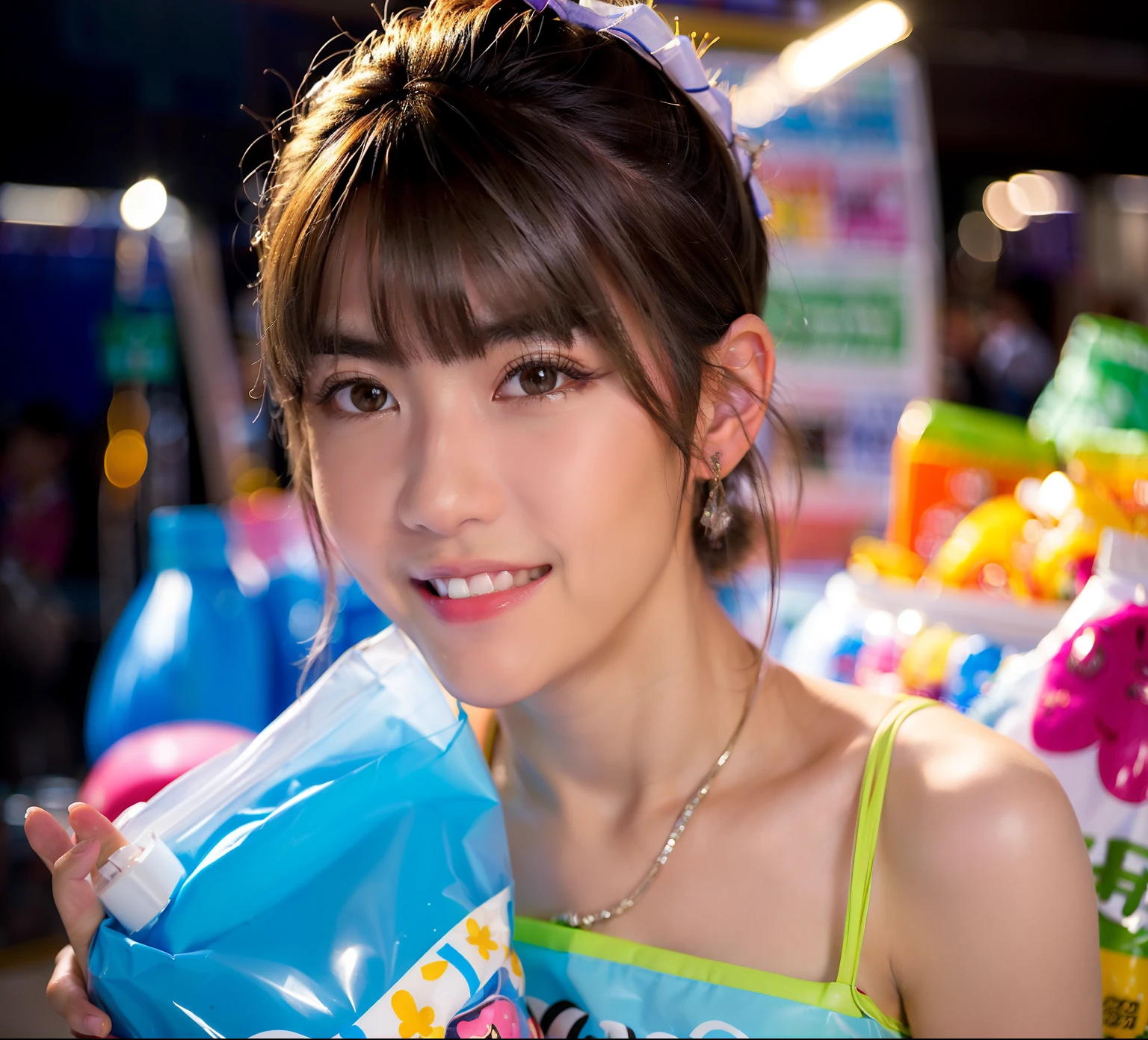 (girl,happy expression,holding transparent plastic bag,blurred background,close-up shot),(best quality,ultra-detailed,realistic:1.37),vivid colors,studio lighting