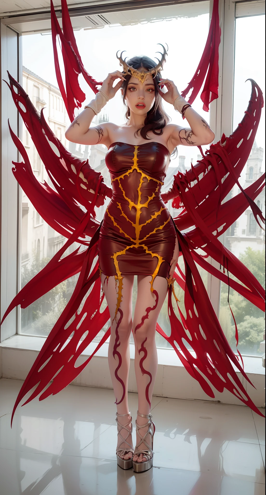 Fine matte paint，Skeleton Dark Angel, Haunted castle with large wings, Fill the drawing table with a knife，terroral，uncanny，horrid，secret terror，tentaculata，grape trees，The eye，uncanny valley effect teeth，all  fours，Critters，Blood Moon，4K，high qulity，Beautuful Women，Delicate face