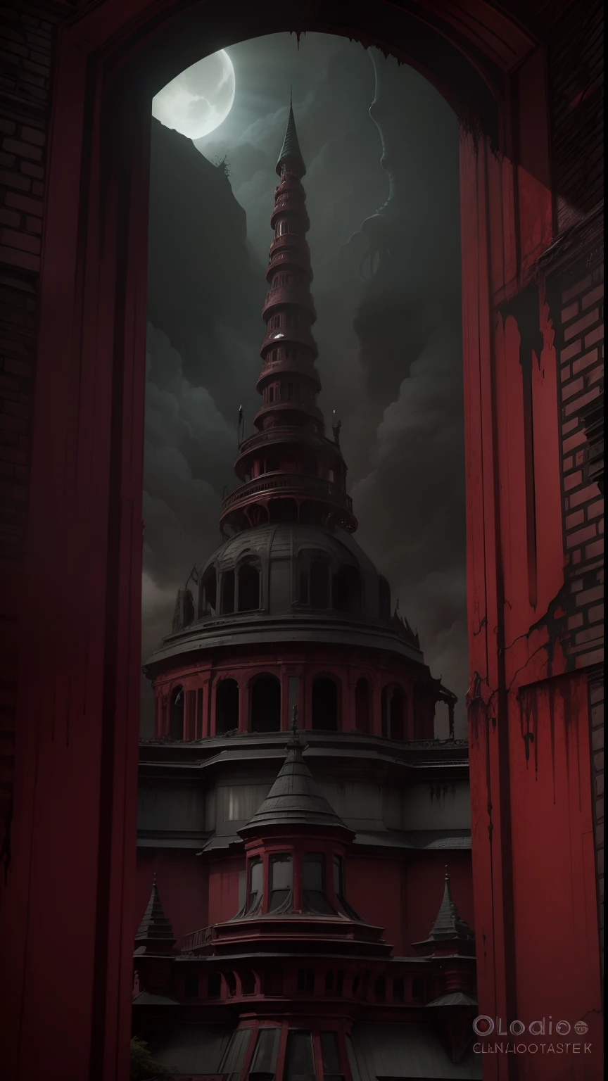 A disgusting lanky plant monster stands above a large Victorian mansion, found footage, blood dripping, hellish, tainted, terrifying, horror, redacted, dark, human experiment, hideous, teeth, tongues, sinister, hostile, malevolent energy, pathogenic mutation, biological, nightmare, rusty, grunge, helpless, moody, desperate, strange, humanoid, aberration, death, lonely, ominous, horror, dramatic, atmospheric, high detail, zoomed out, long shot,