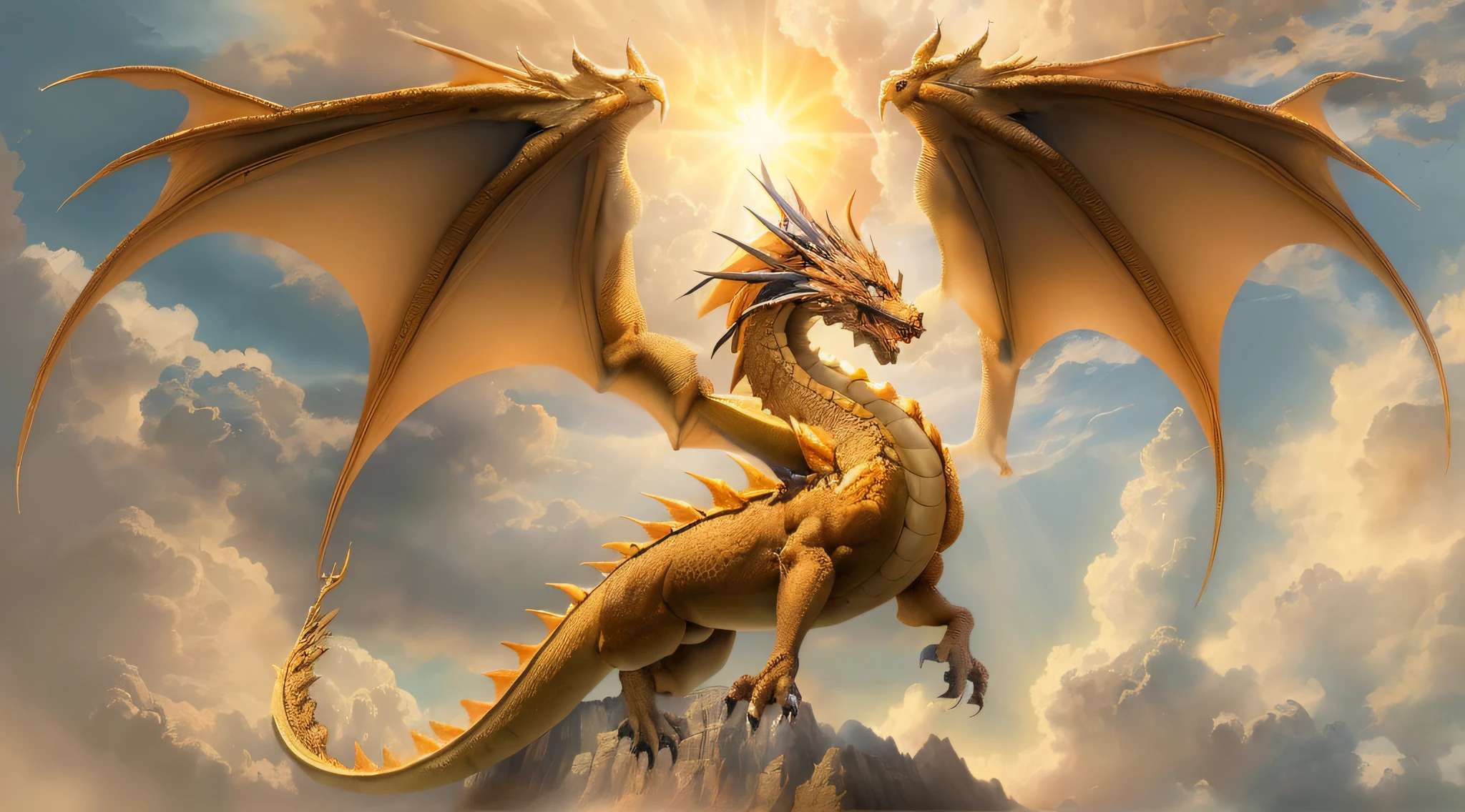 a picture of an golden dragon flying in the sky (best details, Masterpiece, best quality :1.5), dragon_real cloudy skies background, an epic gold dragon (best details, Masterpiece, best quality :1.5) extremely detailed dragon,  horns, breathing flame, dragon_wings, dragon wings wide spread, ultra detailed face,  birds view, sun rays, divine rays, sun rays reflected in clouds (best details, Masterpiece, best quality :1.5), sense of divinity, sense of awe majestic atmosphere, ultra best realistic, best details, best quality, 16k, [ultra detailed], masterpiece, best quality, (extremely detailed), ultra wide shot, photorealism, depth of field, hyper realistic painting,