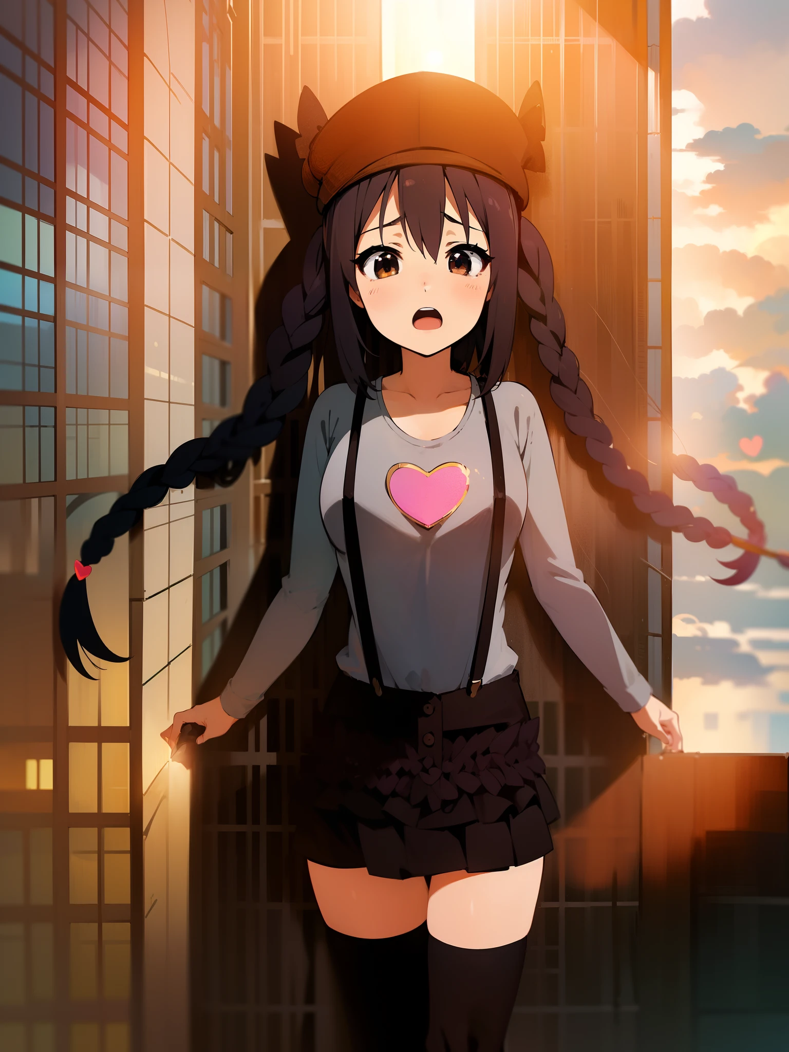 1girl, (((masterpiece))), top-quality, top-quality, High Details, nakano azusa, 1girl, Twin-tailed, length hair, A dark-haired, brown-eyed, Gray T-shirt.suspenders.a black skirt.illustratio, comic strip, soothing tones, Subdued Color, Soft cinematic light, adobe lightroom, photolab, HDR, intricately and hyper-detailed、(((depth of fields))))。(((masterpiece)))。(((top-quality))).(((ultra-detailliert)))。(((illustratio)))。(((takeout))).dynamic focus.big breasts.(((Skyscrapers))).(((A city scape))).(((Face of sadness))). open mouth.(((up chest))).((evening glow)).((the setting sun)).(((Heart on chest))).Feathered hat