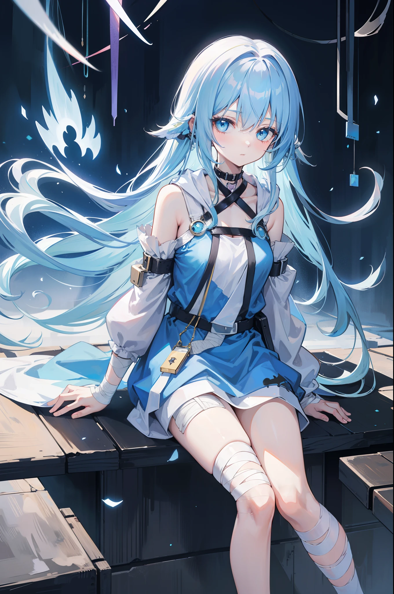 1 girl in、top-quality、masutepiece、lightblue hair、The long-haired、fluffy hair、((Bandages on the neck and arms))、bandaged、Light blue hoodie、((Painted from head to knee))、Looking at the camera、Moe Sleeve、Woman in the Mine、((Disease system))、Lethargic girl、cute little、Wearing a hood、(((dark alley)))