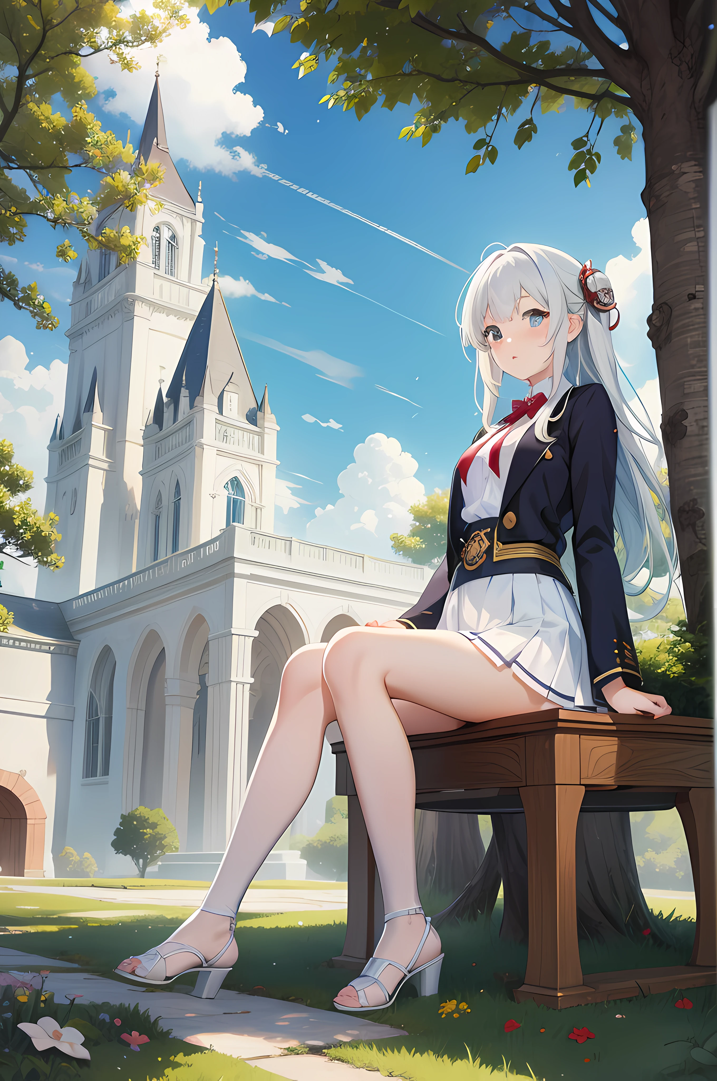 Masterpiece, best quality, anime style, girl, A world of fantasy, white underwear, miniskirt, sitting under a tree, undressing panties