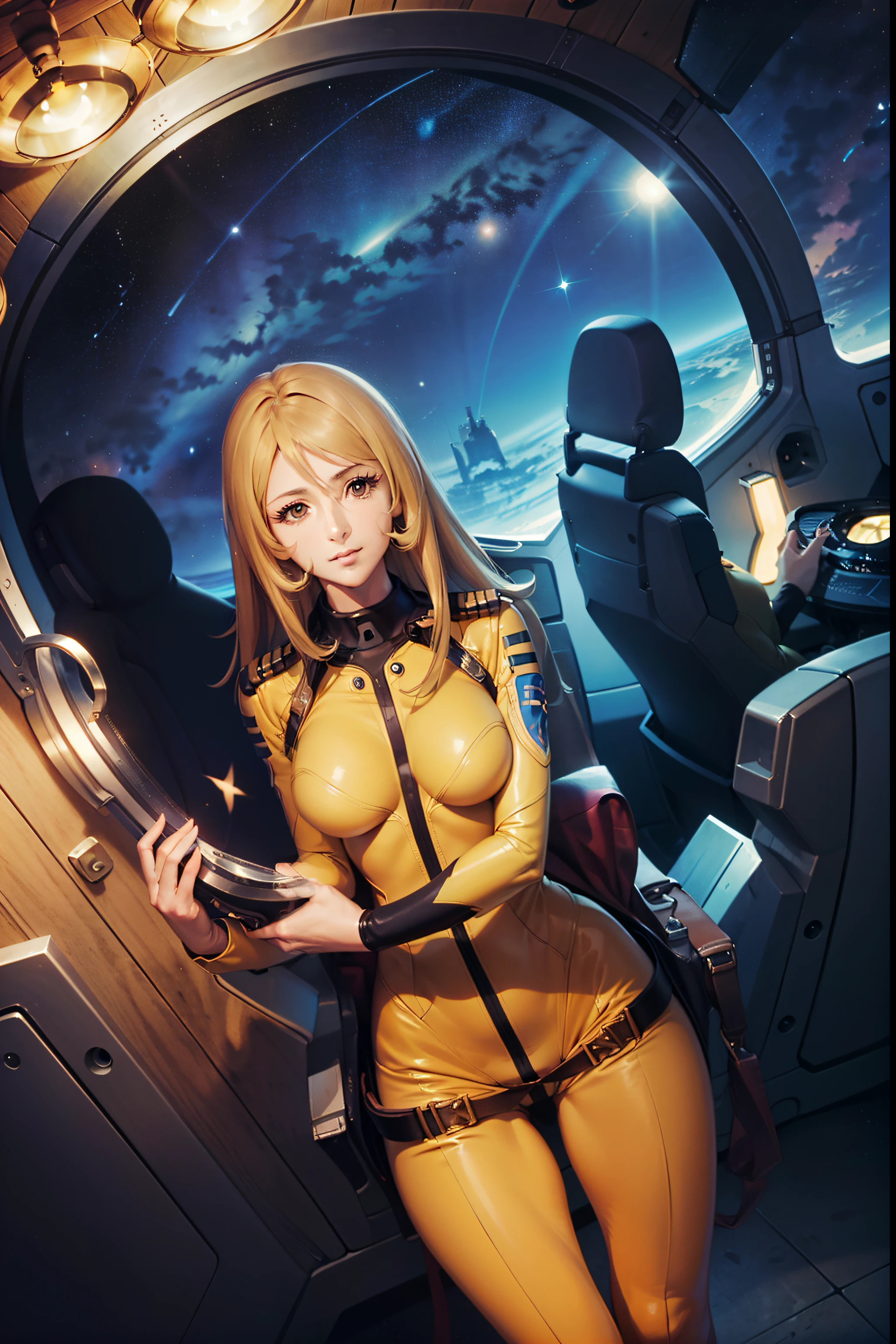 (masterpiece, best quality:1.2), (cowboy shot:1.1), solo, 1girl, mori yuki, slight smile, closed mouth, looking at viewer, blonde hair, thigh gap, yellow bodysuit, skin tight, belt, large window, (starship porthole:1.3), from front, (spread legs:1.3), (standing:1.1), starship interior, (outer space view:1.1), (orbital view:1.3), (night, stary sky:1.5), milky way