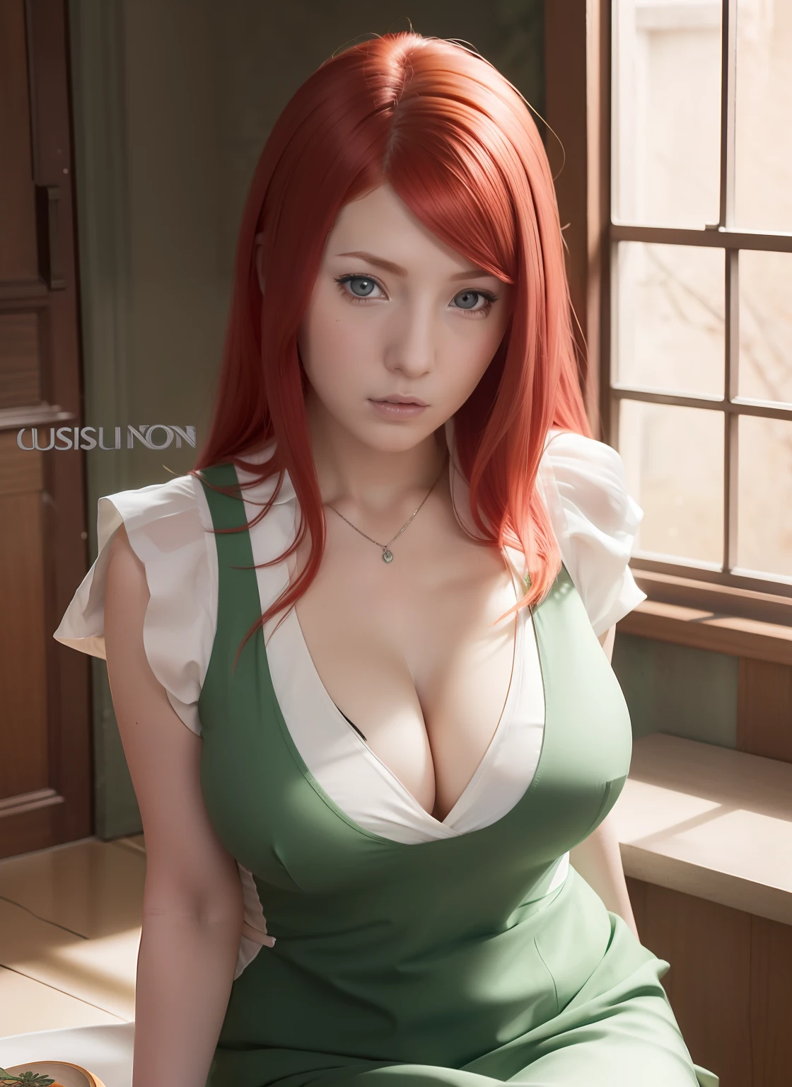 Kushina uzumaki. A woman was sitting in a room. She looked in a tight green and white dress with a pretty big cleavage. Showing her big, round breasts. She had red hair that popped straight off the leash. With tweezers on either side of his forehead. White as snow. With rosy cheeks and tiny pink lips. He was looking into the camera. So pretty and realistic