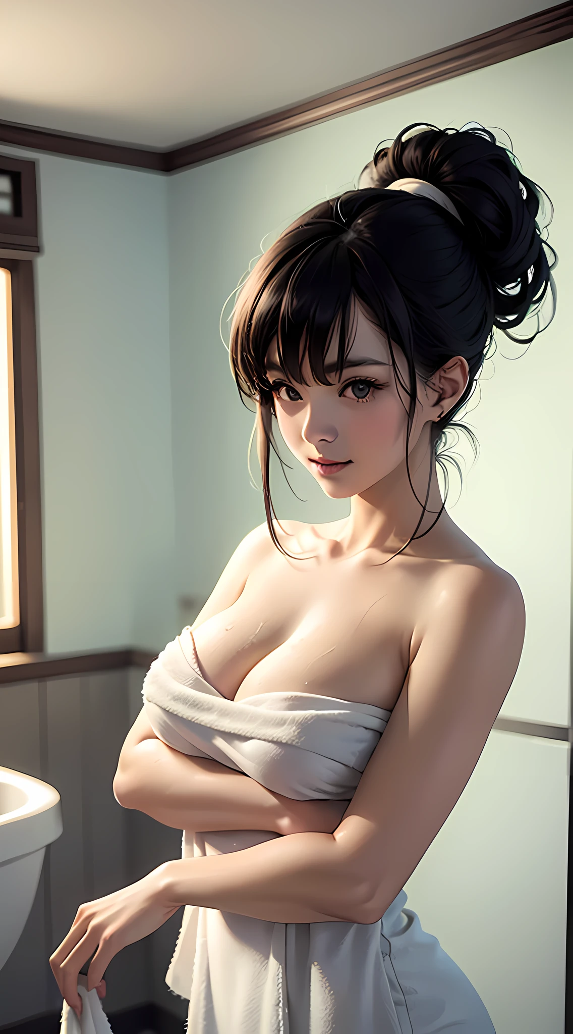 chichi from dragon ball anime, bun hair, black hair, bangs, black eyes, beauty, beautiful woman, perfect body, perfect breasts, using a towel, towel, white towel, in the bathroom, bathtub, shower, looking at the viewer, realism, little smile, masterpiece, leather textured, super detailed, high detail, high quality, best quality, 1080p, 16k