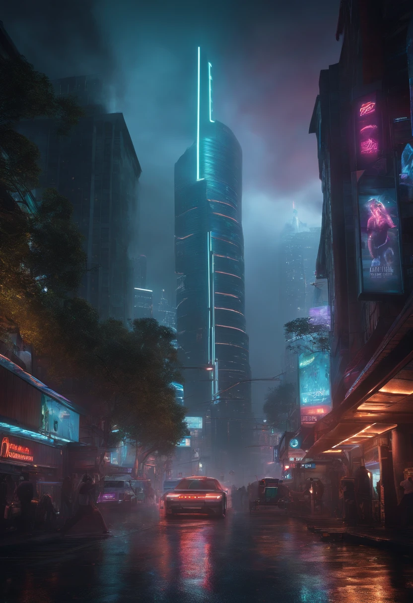 (best quality,8k,highres,masterpiece:1.2),ultra-detailed,realistic, HDR, cyberpunk city, neon lights, futuristic buildings, bustling streets, flying cars, advanced technology, holographic advertisements, augmented reality, towering skyscrapers, dark alleyways, rainy weather, glowing signs, steam rising from the ground, reflections on wet pavement, neon-colored smoke, mysterious figures, dense crowds, high-tech gadgets, glowing implants, glowing cybernetic eyes
