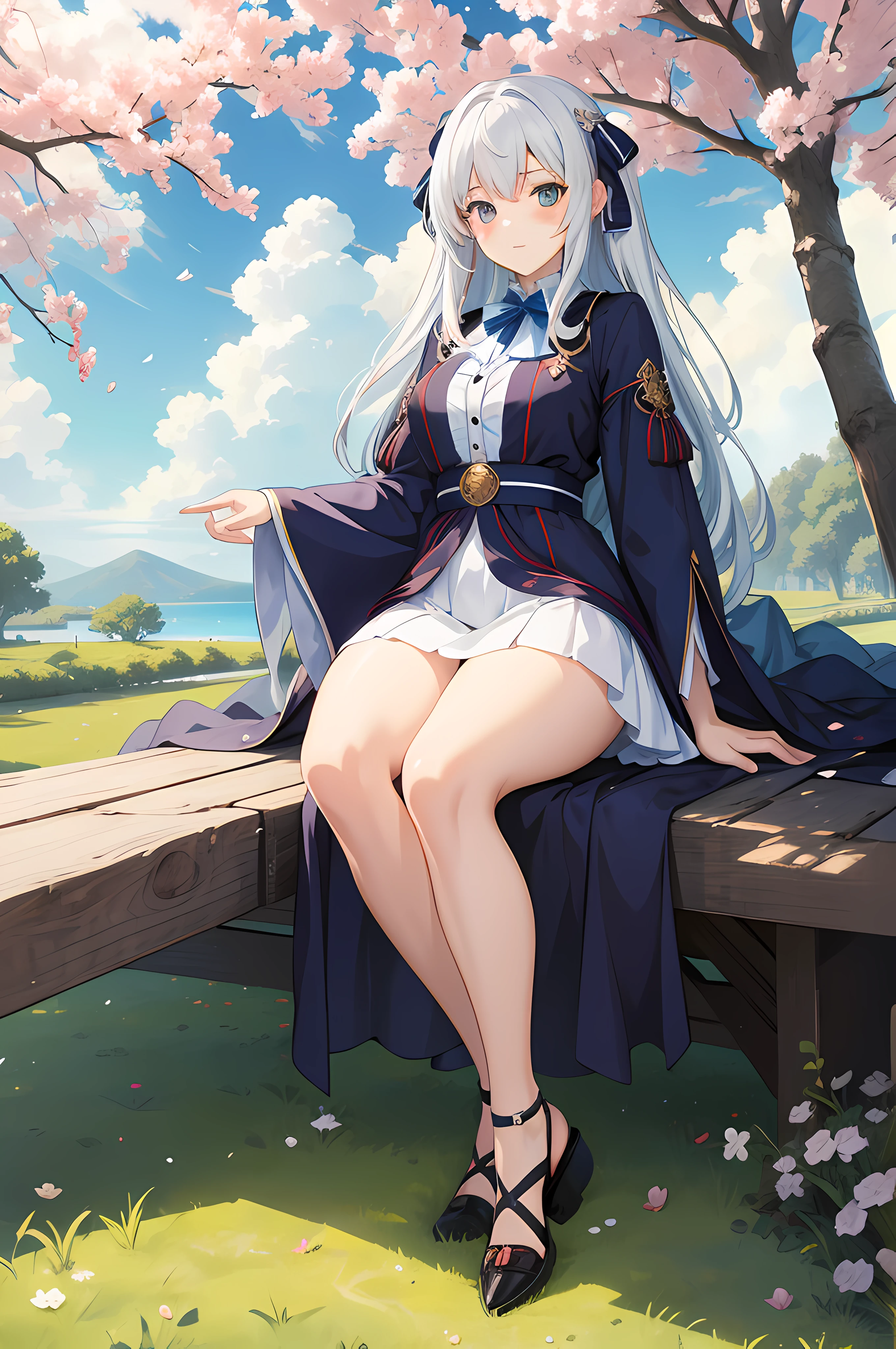 Masterpiece, best quality, anime style, girl, A world of fantasy, white underwear, miniskirt, sitting under a tree, undressing panties