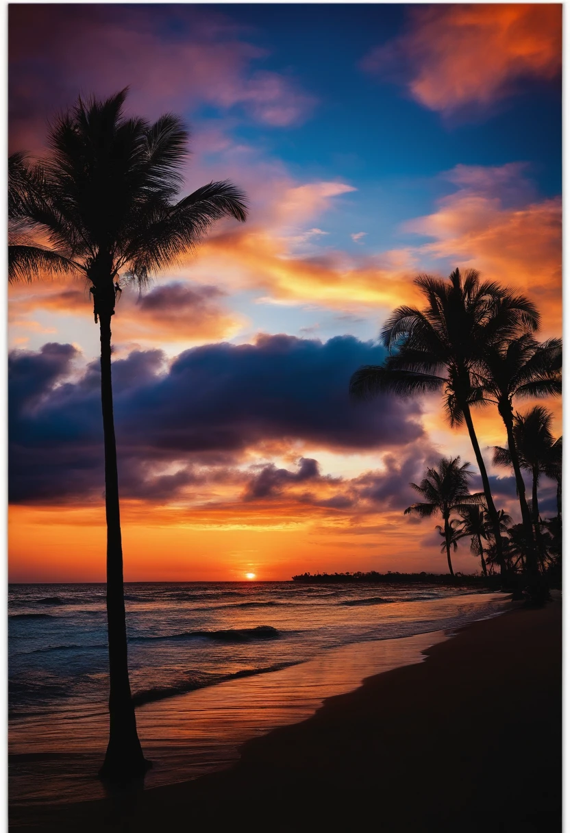 sunset、white clouds、Palm trees、Planes、wavelets、