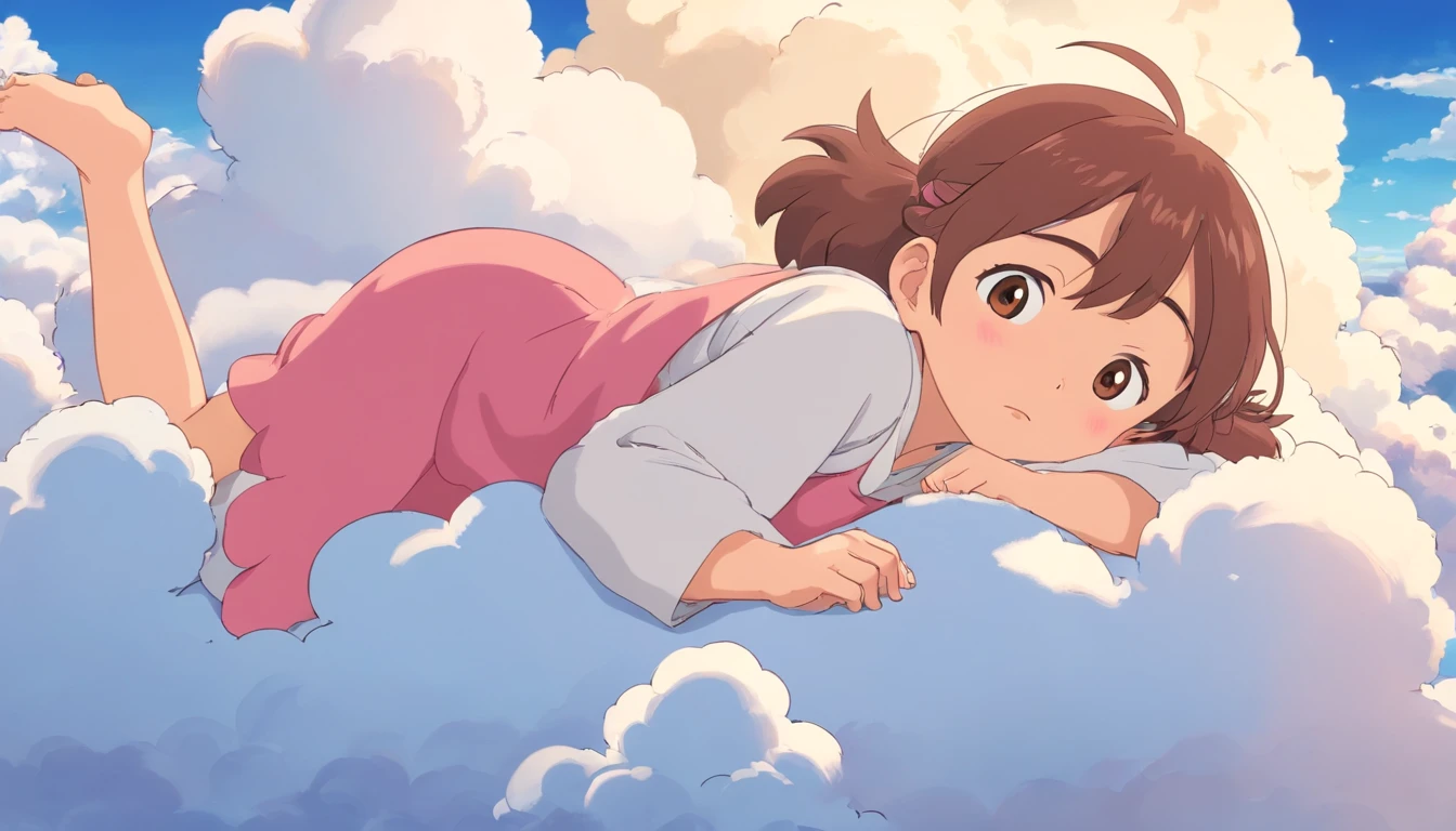 comic strip,Cute and cute 1 year old baby girl sleeping on beautiful fluffy clouds in the sky,anime big breast,On thick clouds such as marshmallows,Pink pajamas,Detail enhancement,8K,super-fine,concept-art,number art
