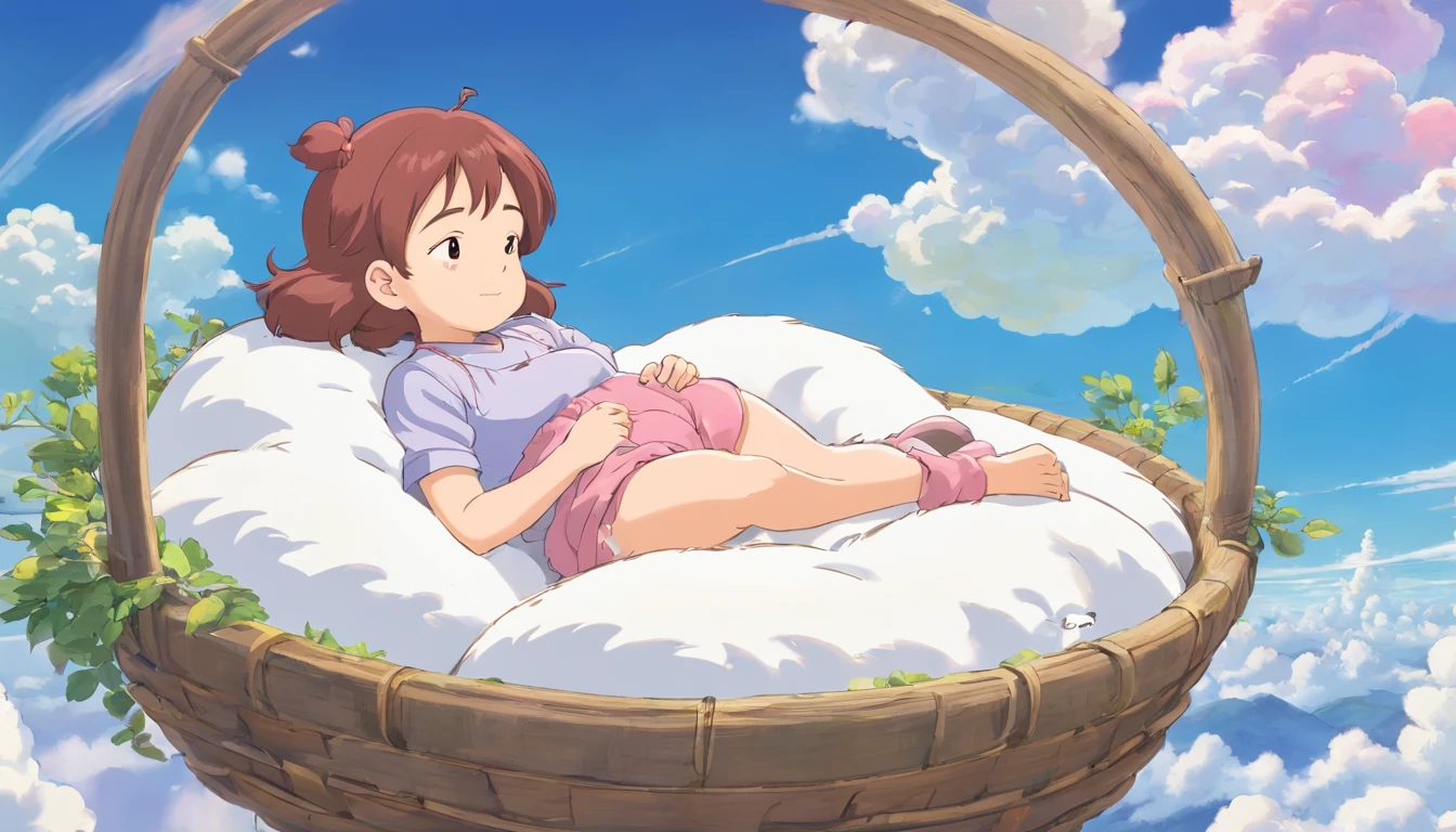 comic strip，Cute and cute 1  girl sleeping on beautiful fluffy clouds in the sky，anime big breast，On thick clouds such as marshmallows，Pink pajamas，Detail enhancement，8K，super-fine，concept-art，number art