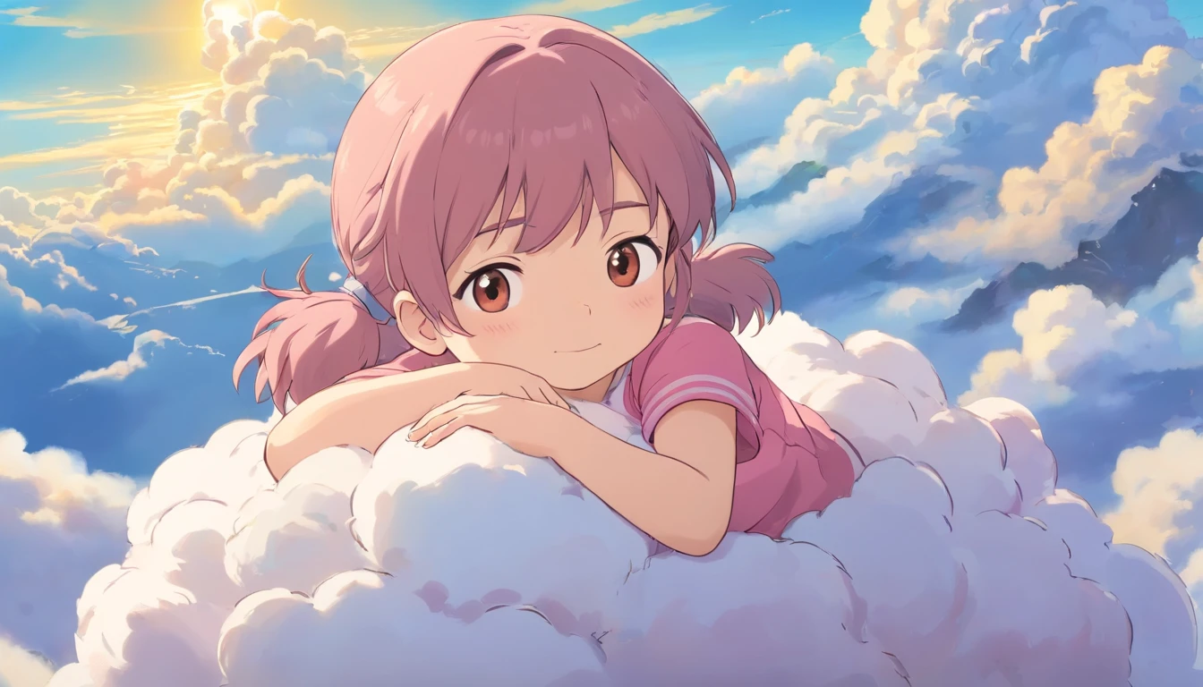 comic strip,Cute and cute 1 year old baby girl sleeping on beautiful fluffy clouds in the sky,anime big breast,On thick clouds such as marshmallows,Pink pajamas,Detail enhancement,8K,super-fine,concept-art,number art