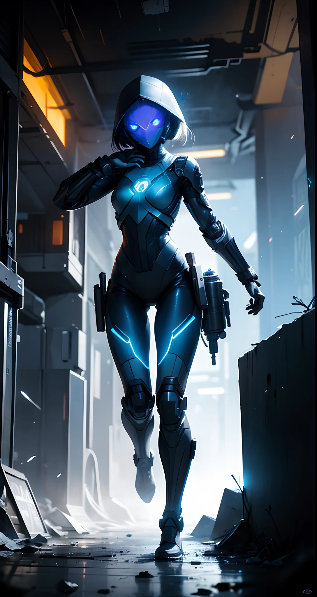 Concept art, Girl with cybersuit, Upward movement Glowing blue eyes, Epicness, grenade, Epic backstory, A masterpiece of explosions, Character of the game