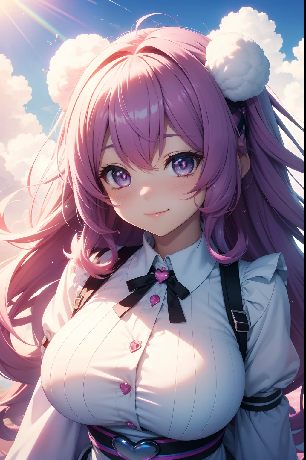 Kizi,，beautifull puffy clouds，anime big breast，Fly in the air，Rainbow hair,,shift dresses，Heart-shaped pupils, Wide eyes, fingersmile, ssmile, curly, Ray tracing, anaglyph, Overlooking, Best quality, hyper HD