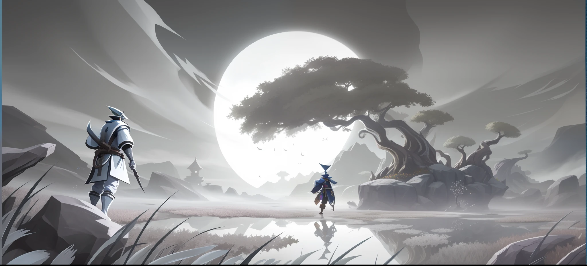 An image of a man standing in a sea of flowers with a tree in Araved, concept art for a video game, Stylized concept art, inspired by Sōami, scenery game concept art, painted as a game concept art, Onmyoji detailed art, splash screen art, game background, background artwork, published concept art, Mobile game background, Stylized game art