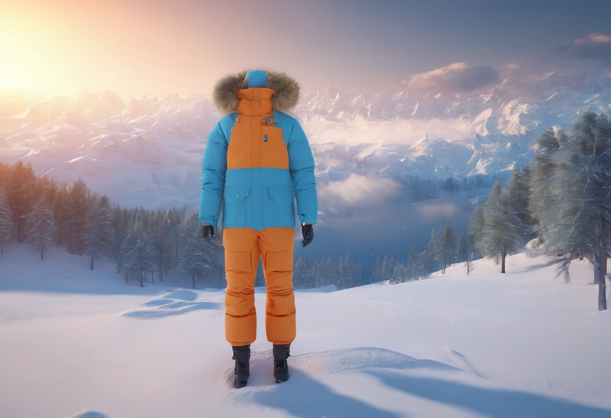 down jacket,Costume concept design,floating in air,Snow and ice scenes,C4D style,3D modeling rendering,8K
