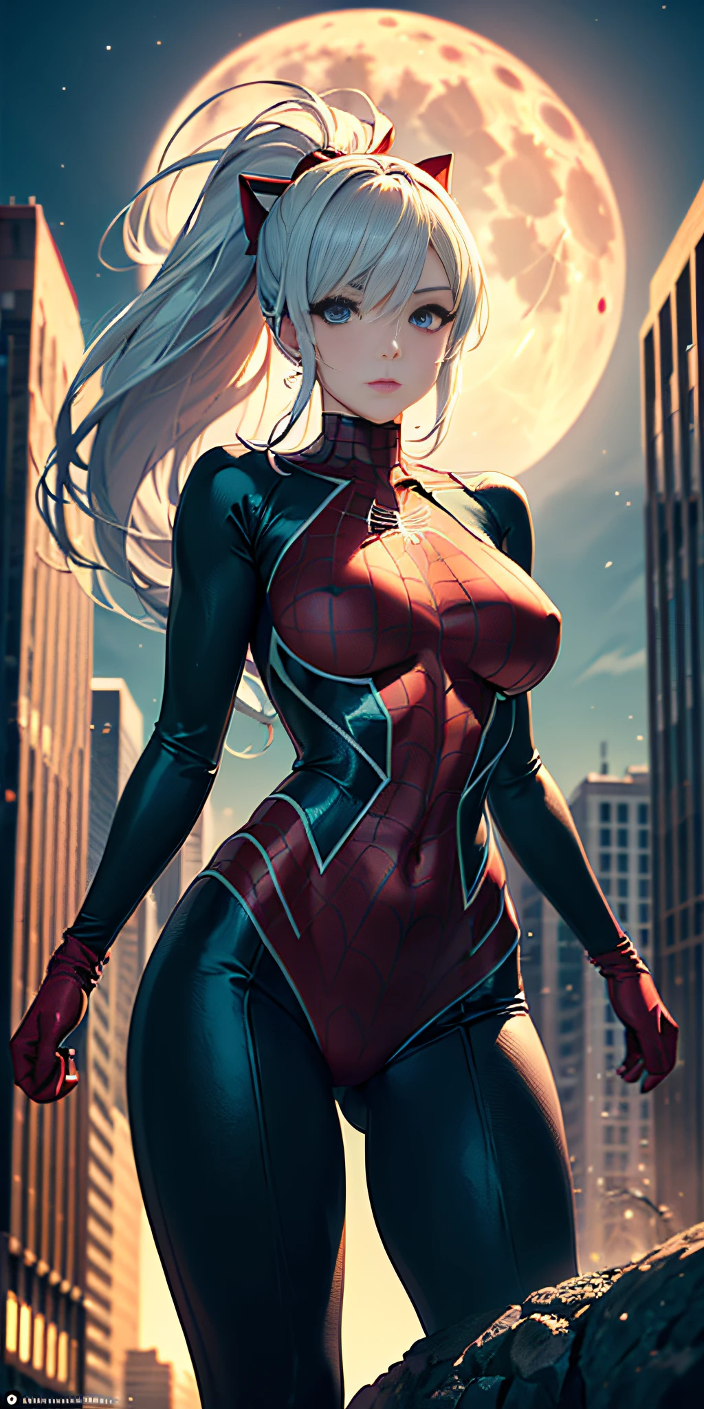 anime, anime profesional, (Masterpiece, 4k resolution, ultra realistic, very detailed), (black + fluorescent green superhero theme, charismatic, there is a girl at the top of the city, dressed in the Spider-Man costume, she is a superheroine), [ ((25 years), (long white hair: 1.2), slim build, full perfect body, (blue eyes: 1.2), ((very daring pose), (cityscape, at night, dynamic lights), (full moon)))]