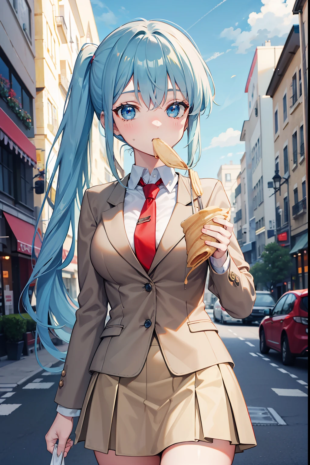 Khaki blazer　Khaki tight skirt　The shirt　long blue hair　poneyTail　Blue eyes　Eating crepes in the city　teens girl 　red necktie