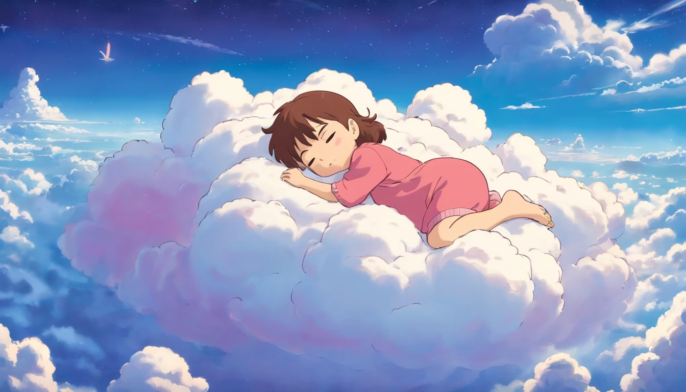 comic strip，Cute and cute 1  girl sleeping on beautiful fluffy clouds in the sky，anime big breast，On thick clouds such as marshmallows，Pink pajamas，Detail enhancement，8K，super-fine，concept-art，number art