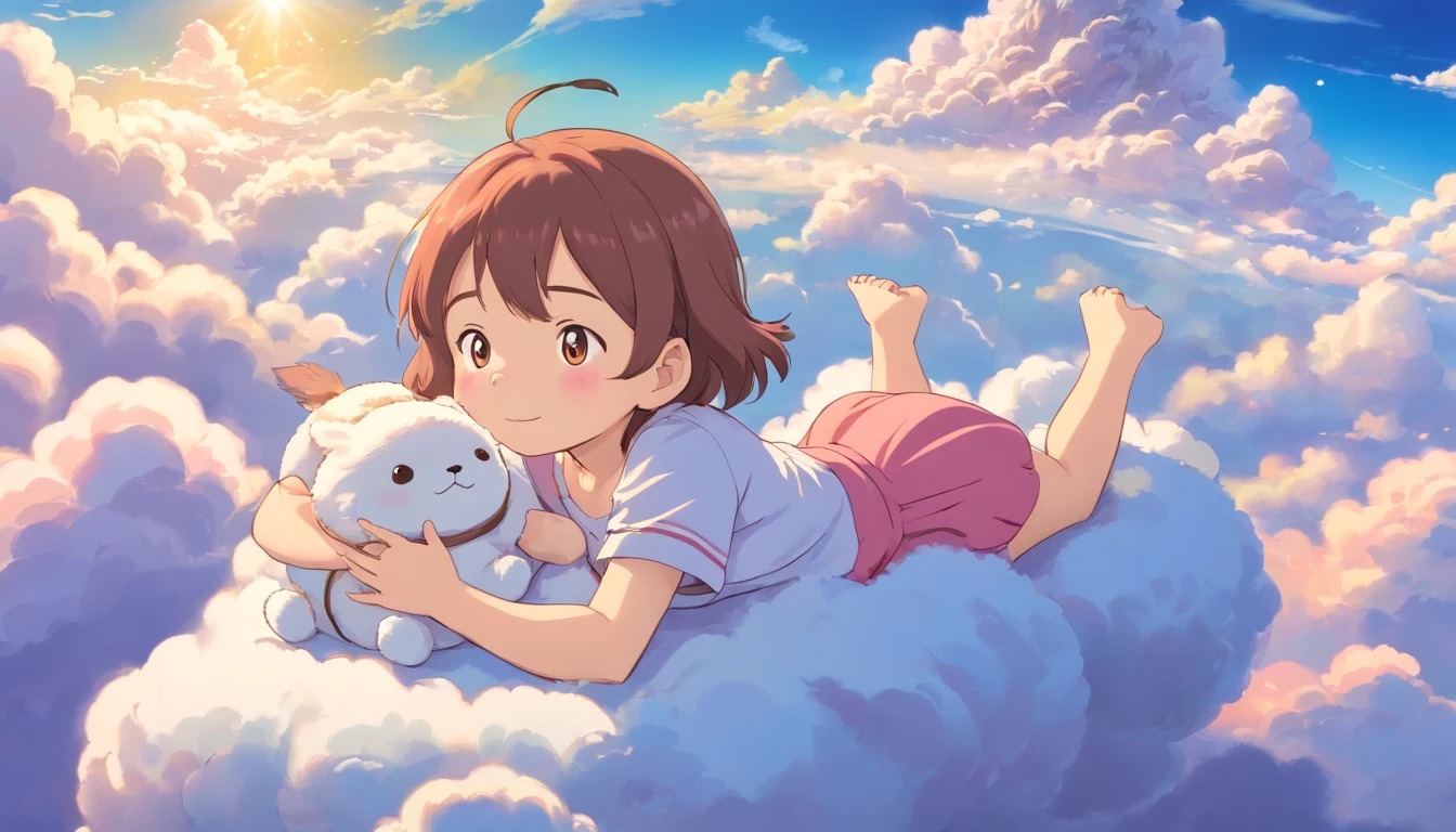 comic strip,Cute and cute 1 year old baby girl sleeping on beautiful fluffy clouds in the sky,anime big breast,On thick clouds such as marshmallows,Pink pajamas,Detail enhancement,8K,super-fine,concept-art,number art